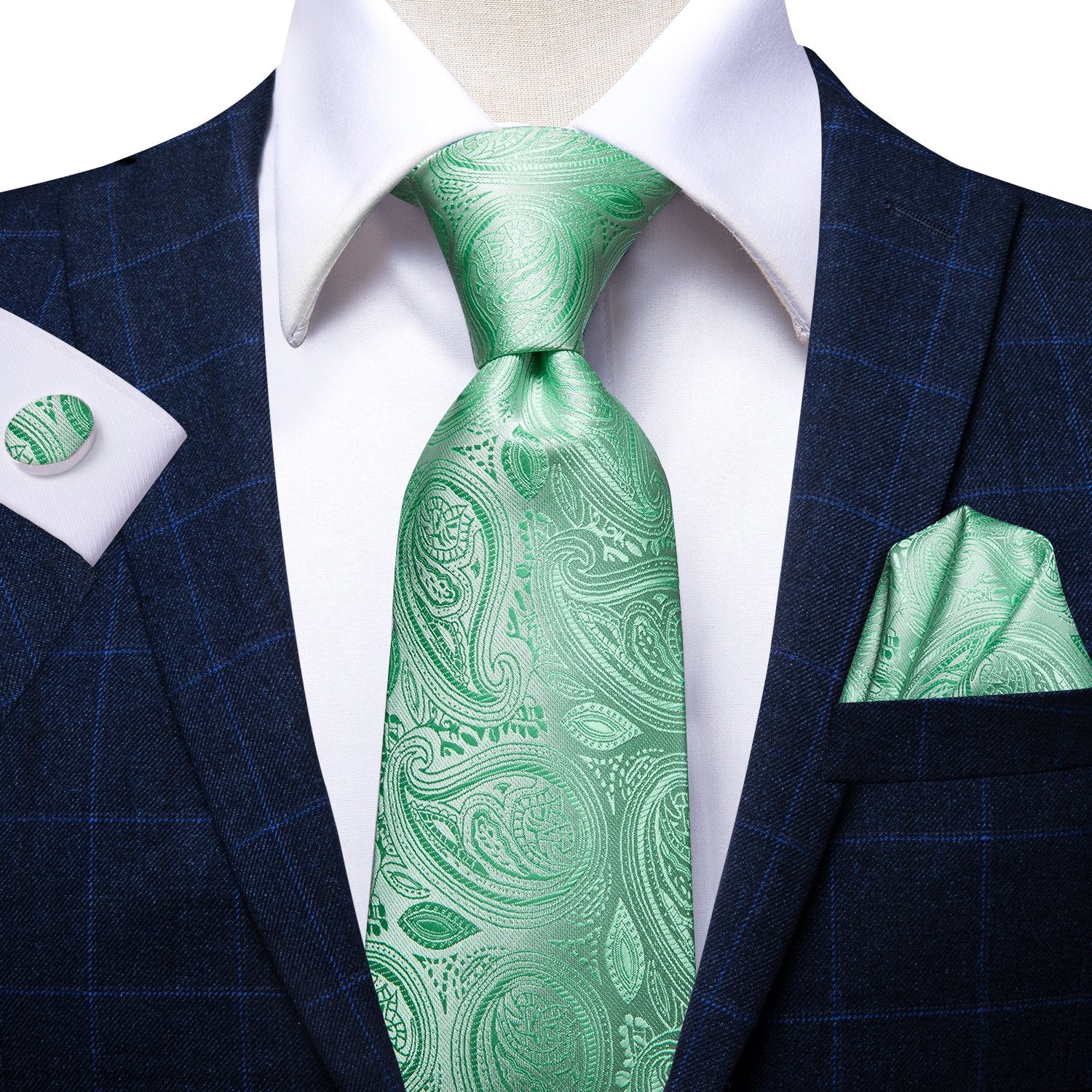 Light Green Paisley Tie Handkerchief Cufflinks Set with Wedding Brooch