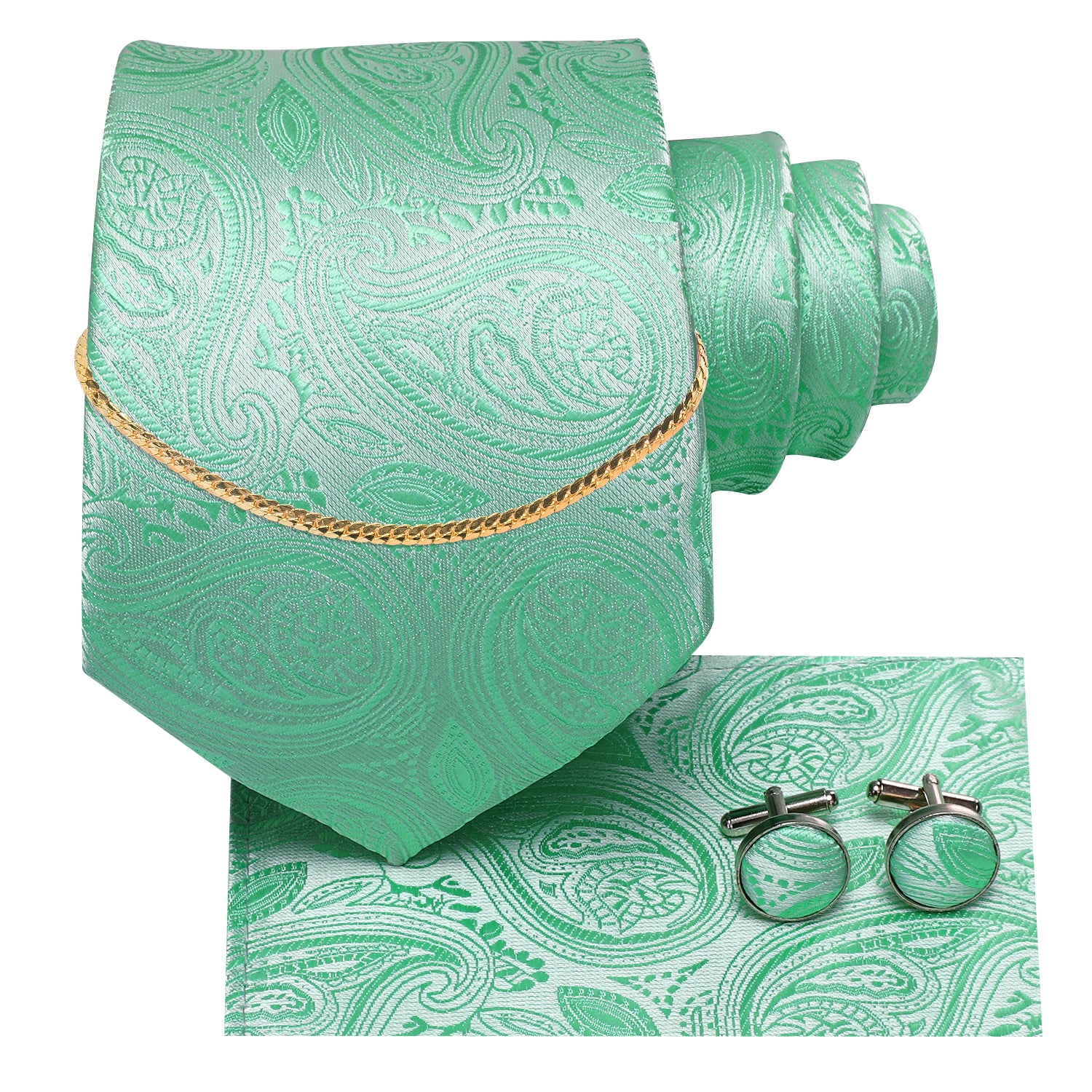 Light Green Paisley Men's Necktie Pocket Square Cufflinks Set With Golden Chain