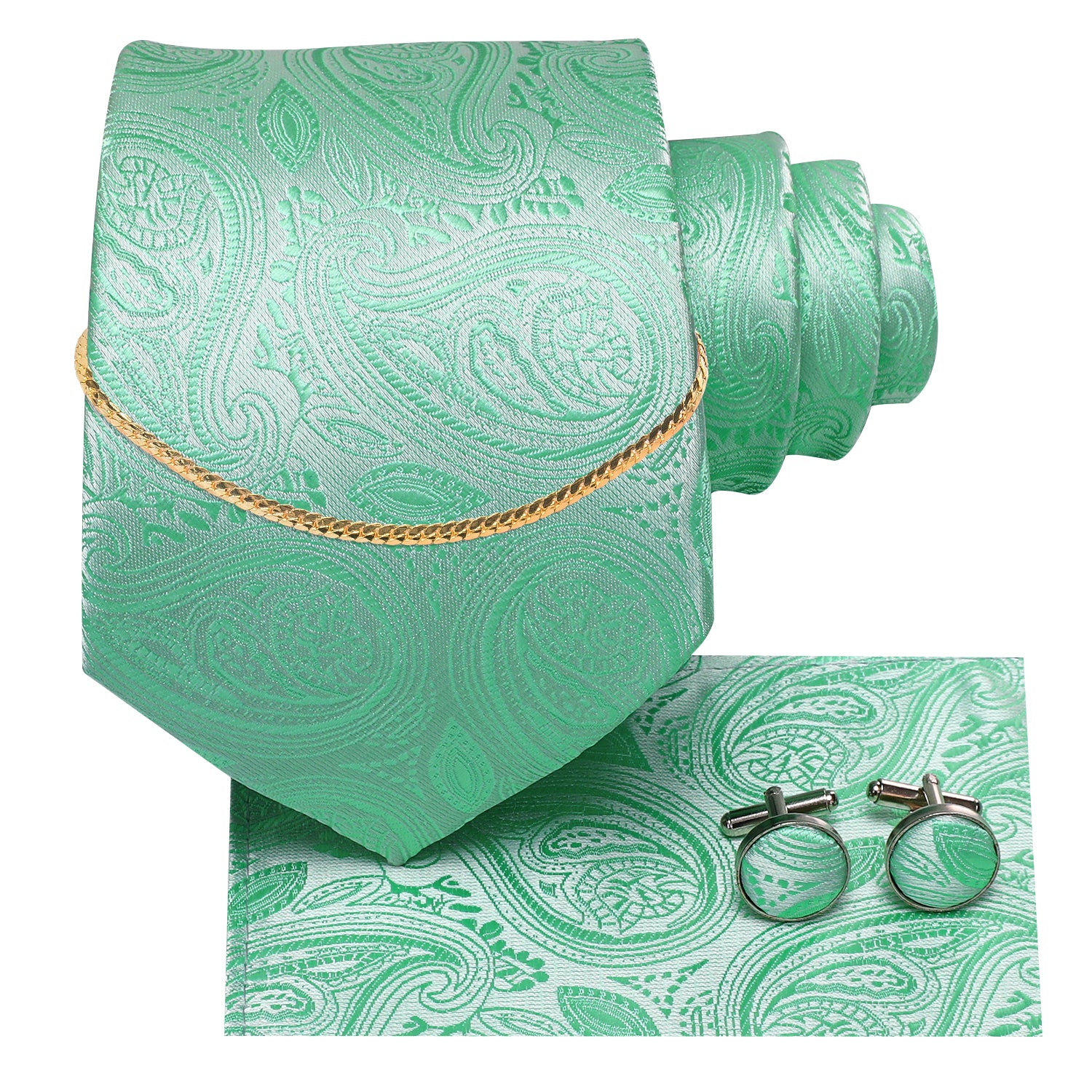 Light Green Paisley Tie Hanky Cufflinks Set With Golden Chain