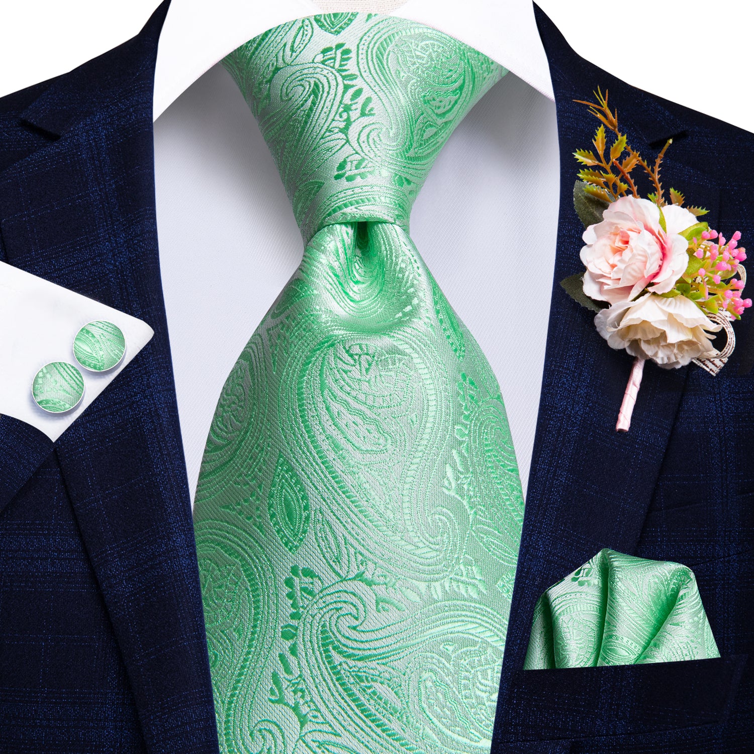 Light Green Paisley Tie Handkerchief Cufflinks Set with Wedding Brooch