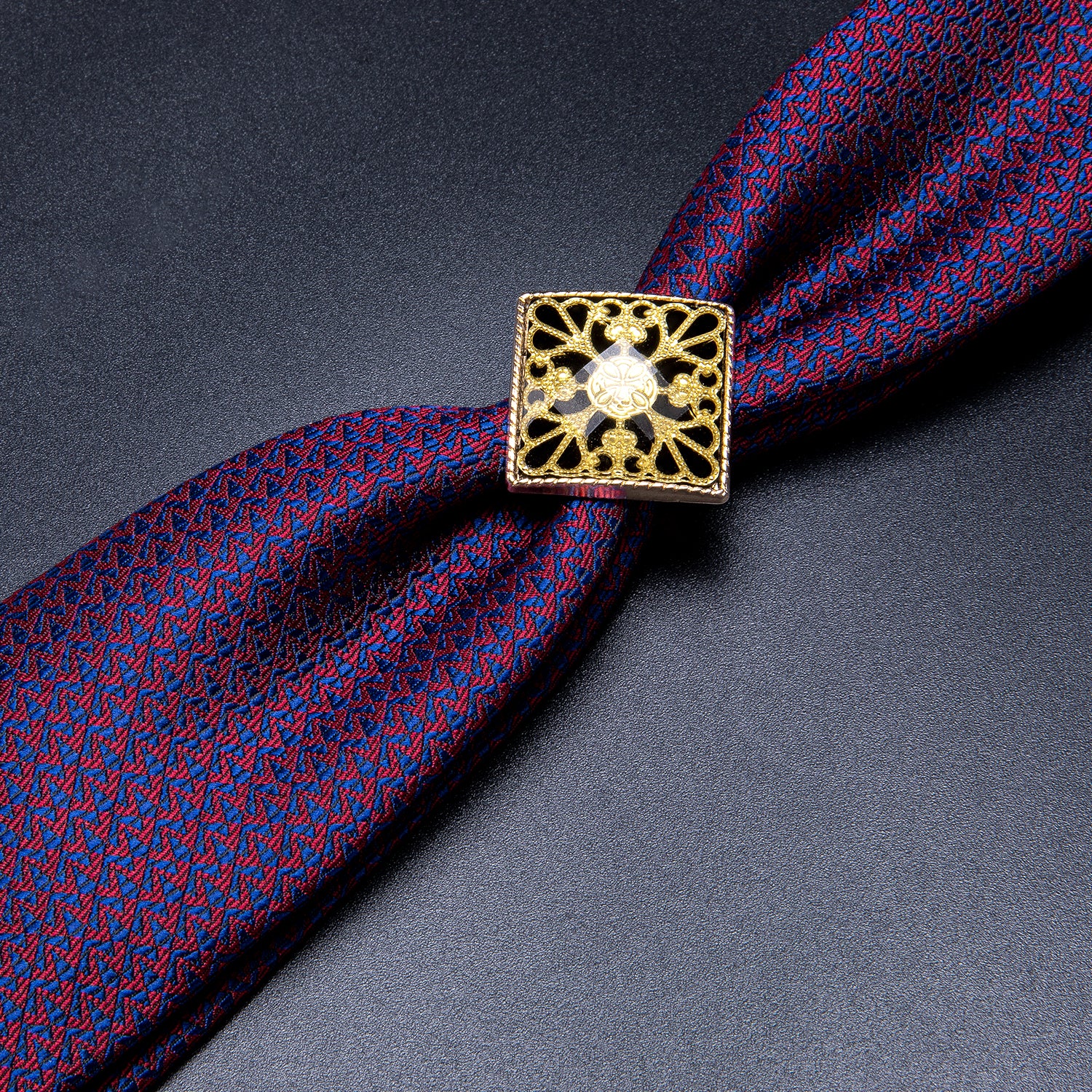 Red Blue Houndstooth Poirot Neck Tie Ring Hanky Cufflinks Set