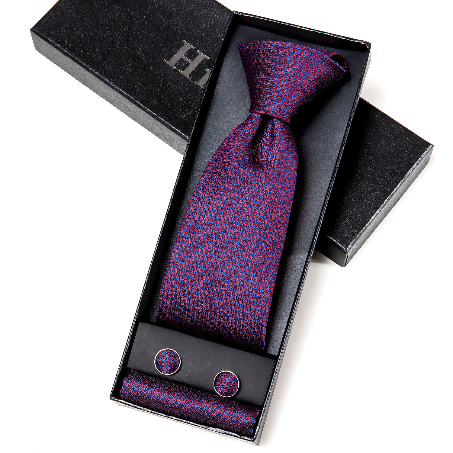 Red Blue Striped Silk Men's Tie Hanky Cufflinks Gift Box Set