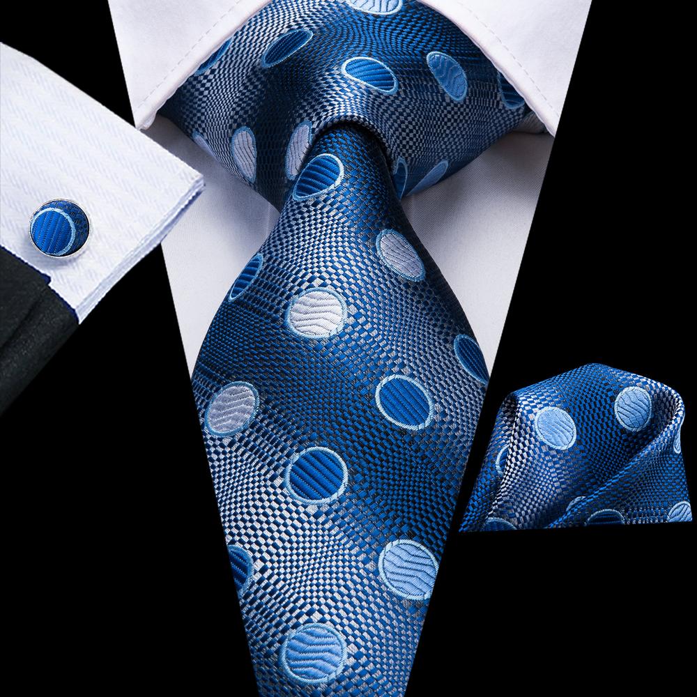 Men's Navy Blue Polka Dot Necktie Pocket Square Cufflinks Set