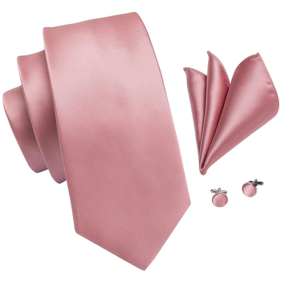 Unique Pink Solid Tie Pocket Square Cufflinks Set