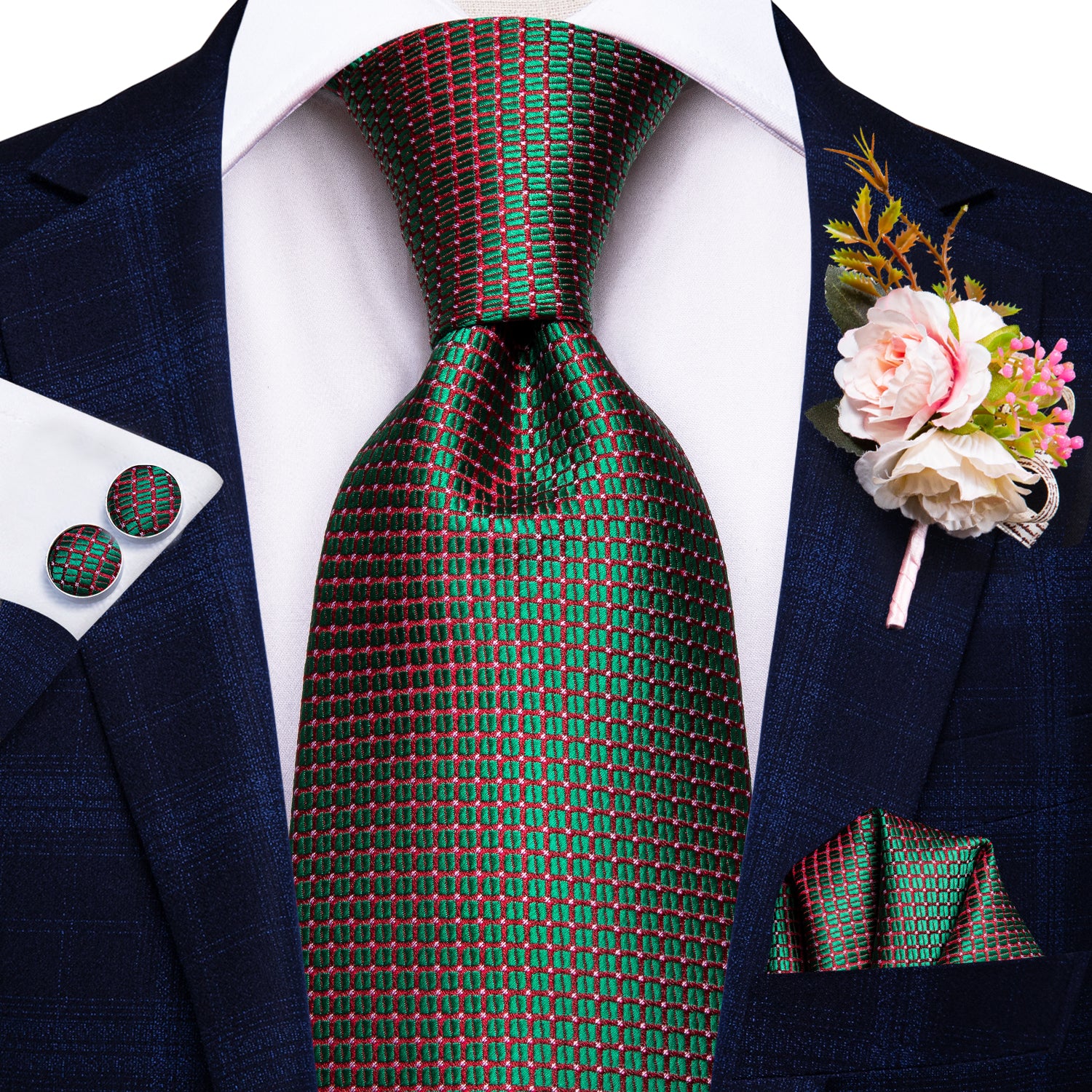 Shining Green Plaid Tie Handkerchief Cufflinks Set with Wedding Brooch