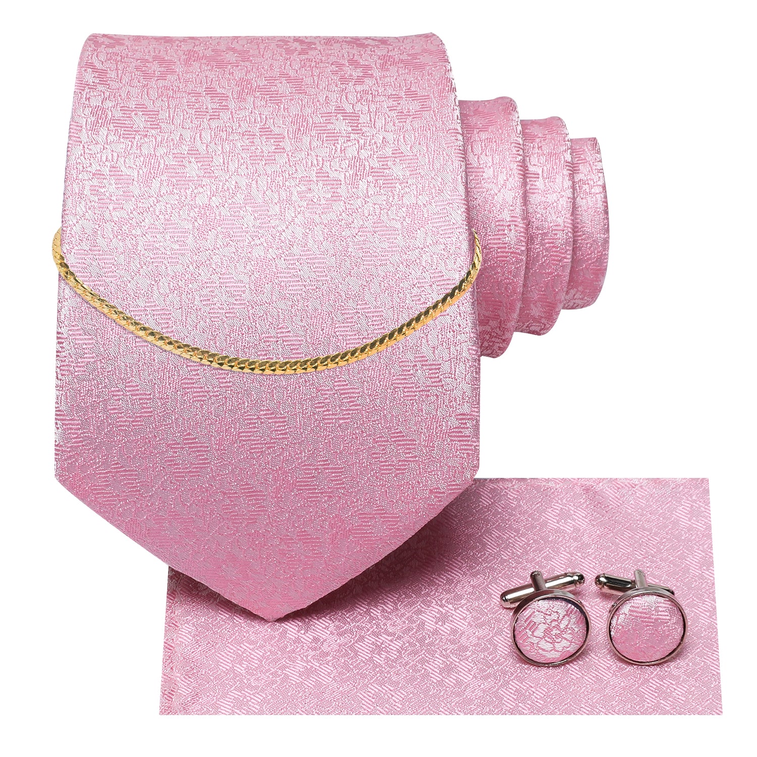 Silver Pink Floral Men's Tie Pocket Square Cufflinks Set With Golden Chain