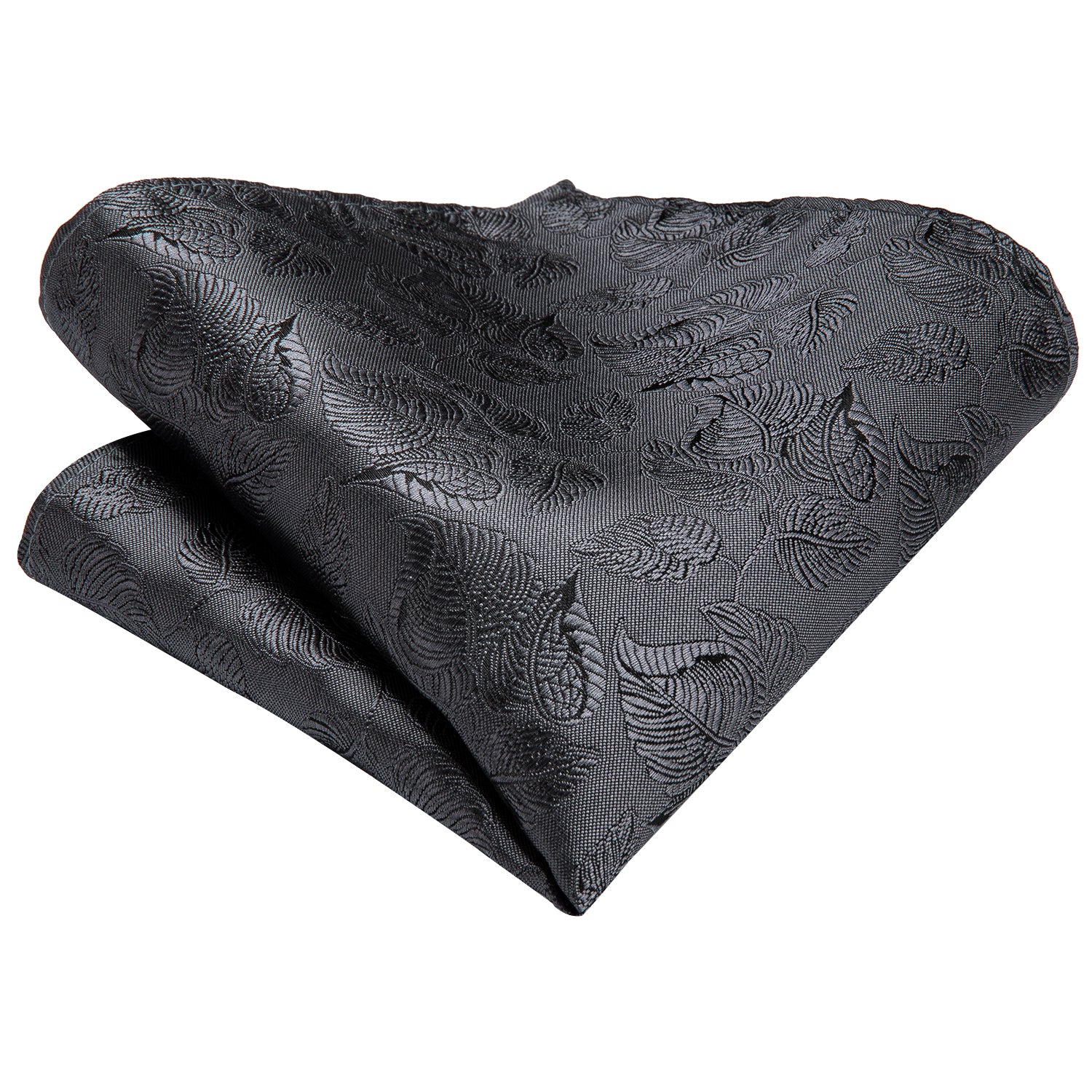 Dark Grey Solid Gray Leaf Necktie Pocket Square Cufflinks Set