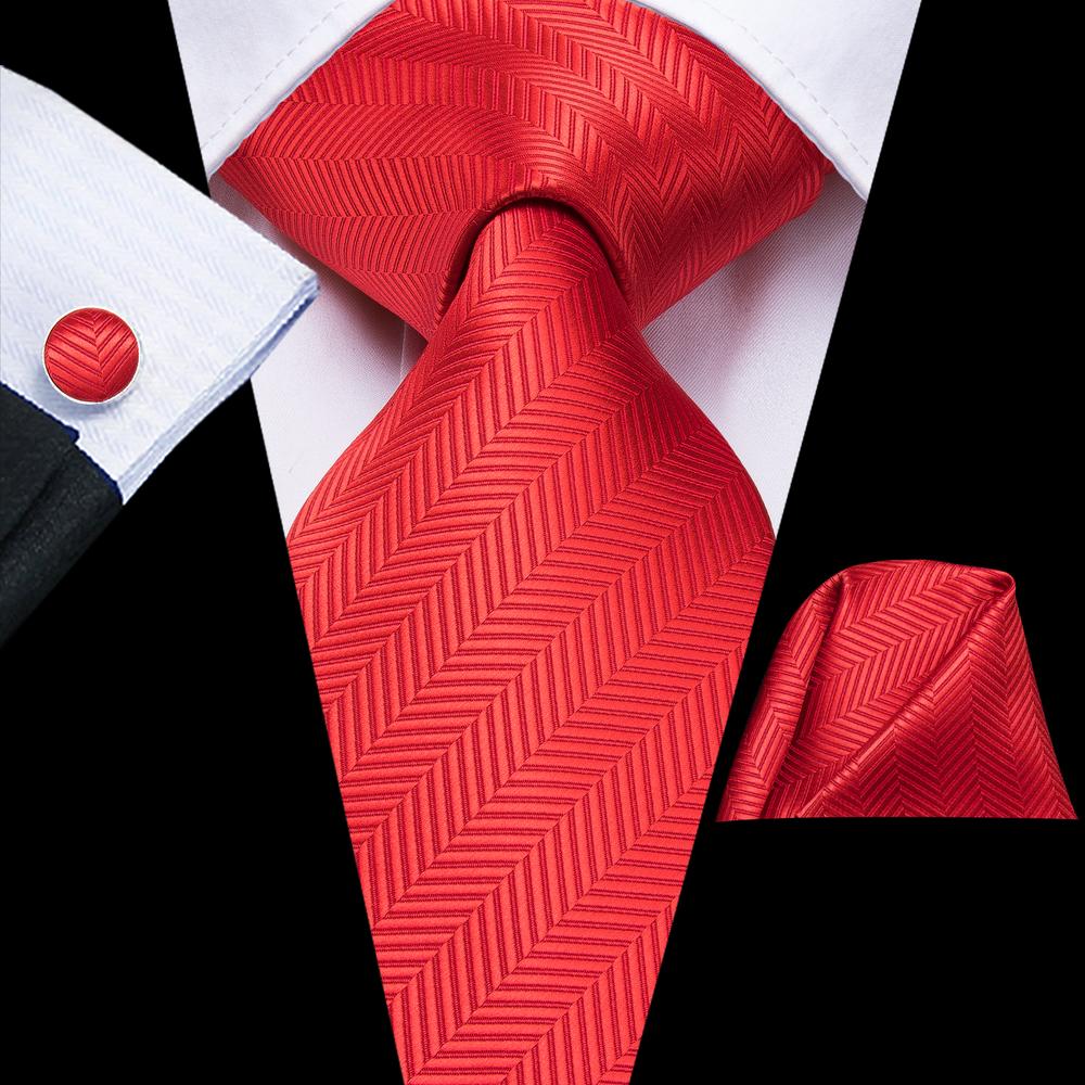 Red Novelty Striped Silk Necktie Pocket Square Cufflinks Set