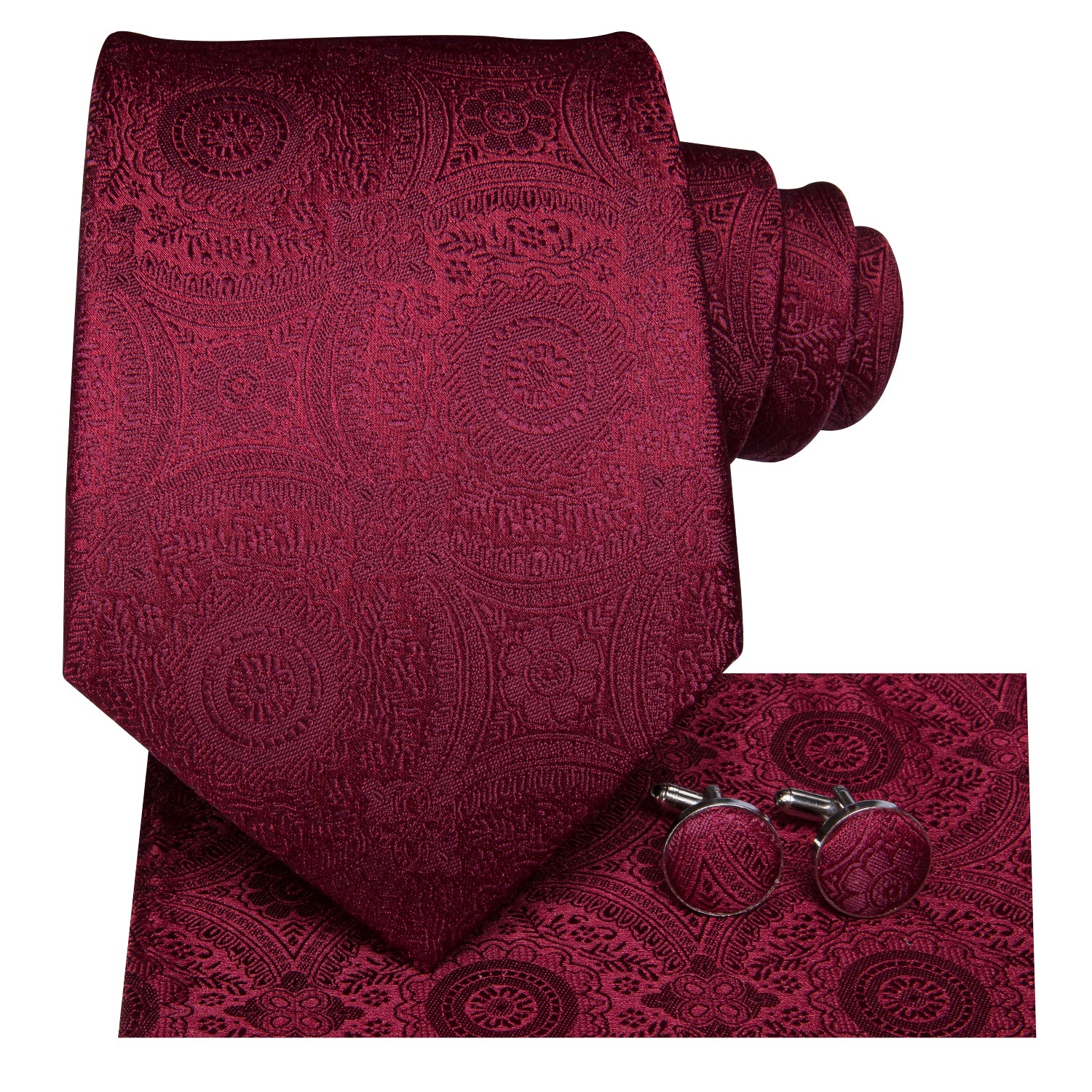Men's Solid Wine Red Floral Necktie Pocket Square Cufflinks Set