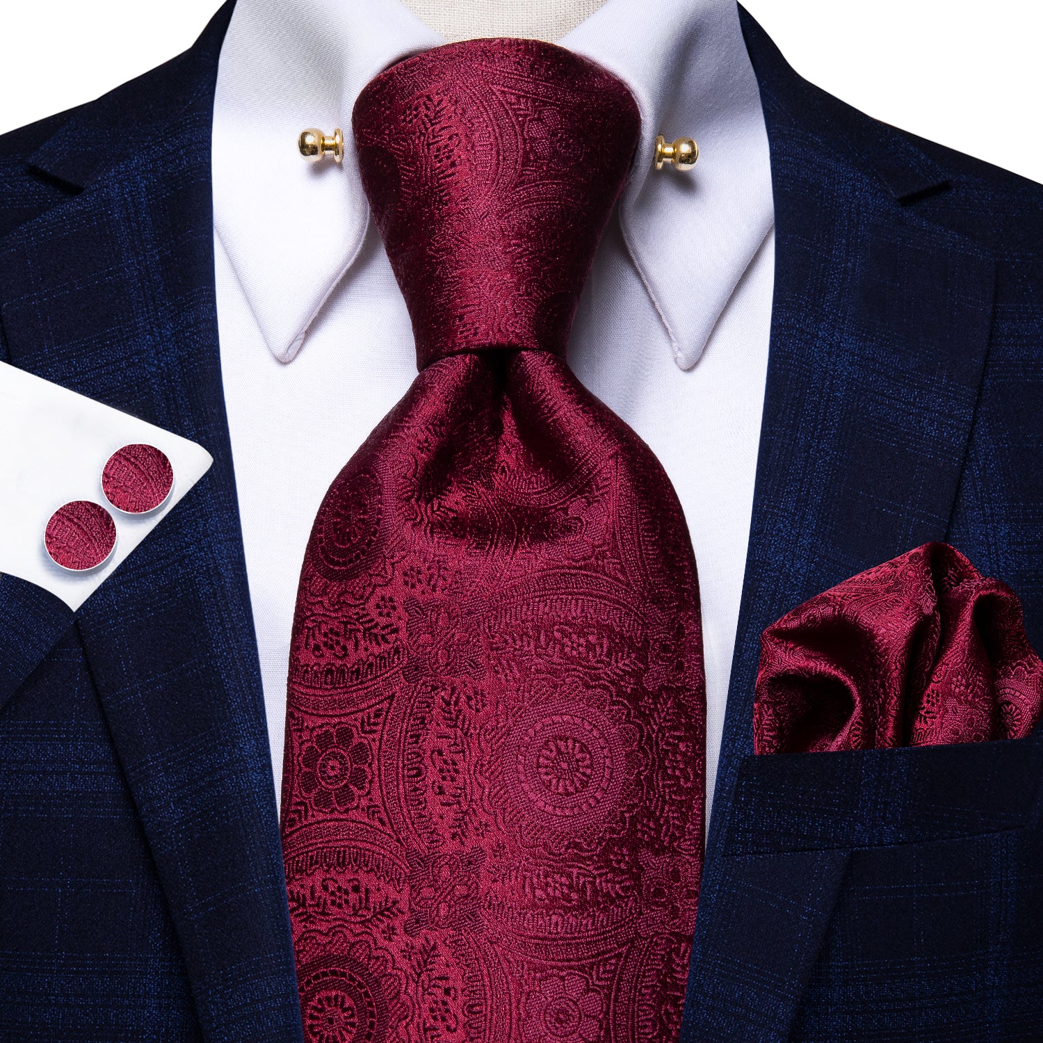 Solid Wine Red Floral Necktie Pocket Square Cufflinks Set with Collar Pin