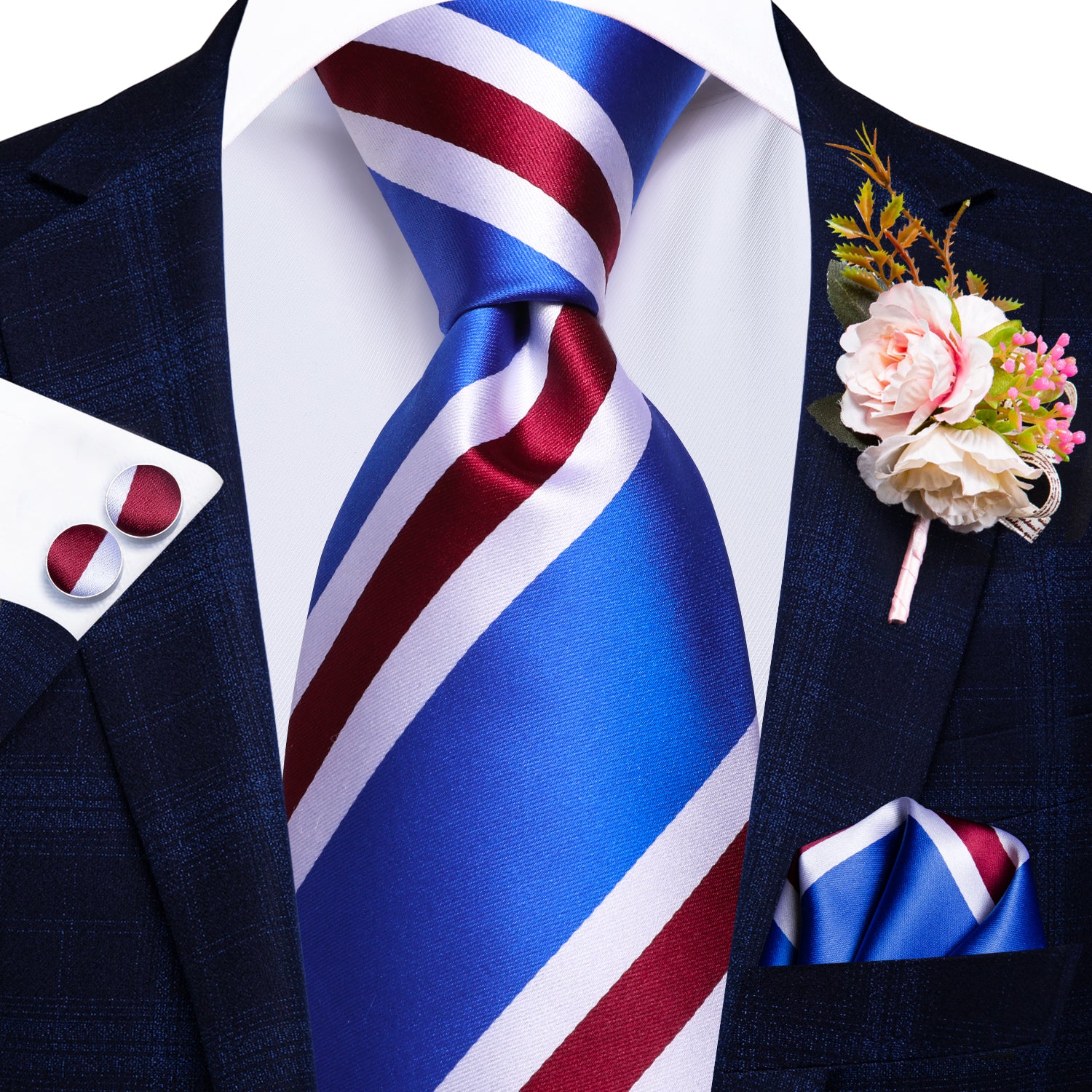 Hi-Tie Blue Red White Tie Handkerchief Cufflinks Set with Wedding Brooch