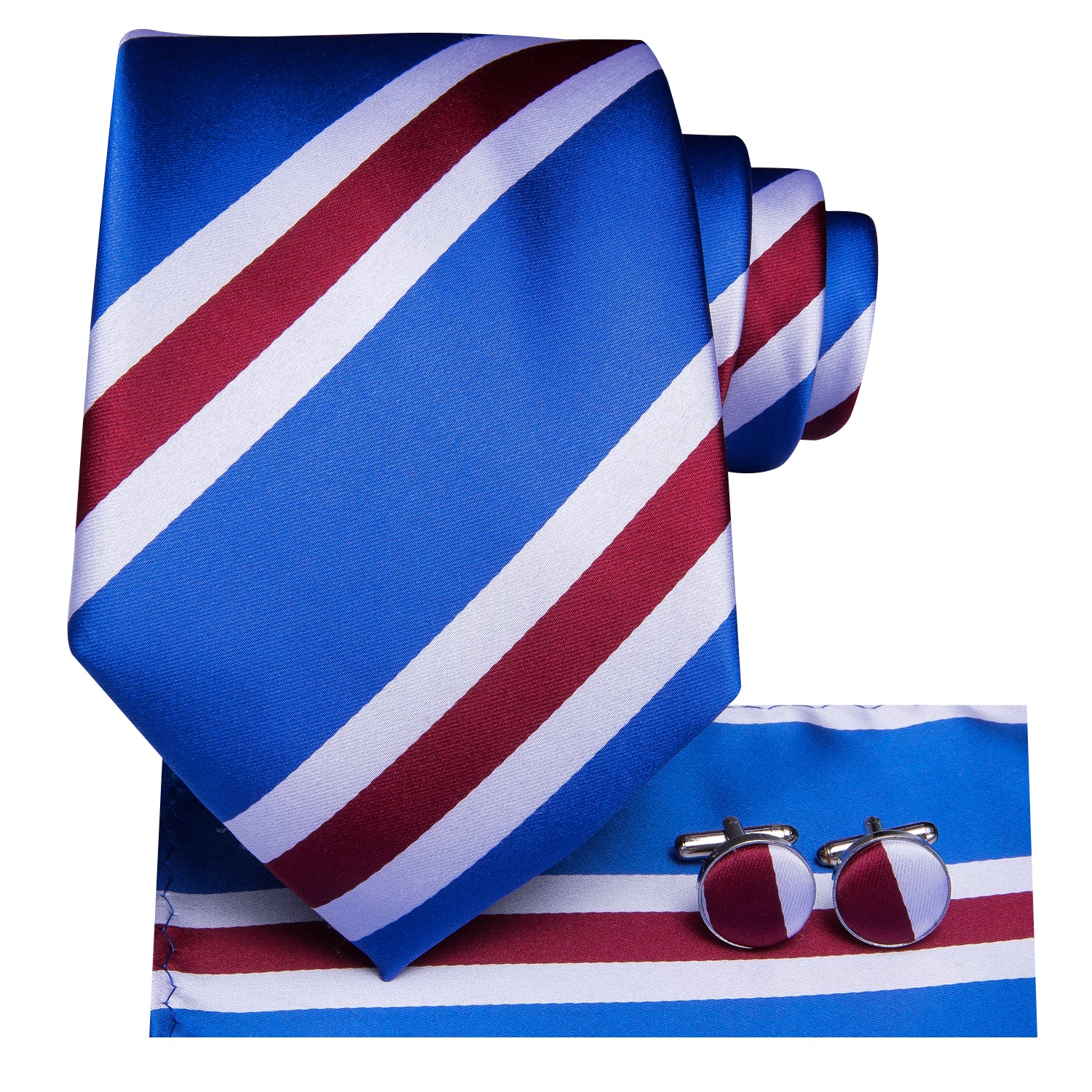 Hi-Tie Blue Necktie Red White Stripes Tie Pocket Square Cufflinks Set