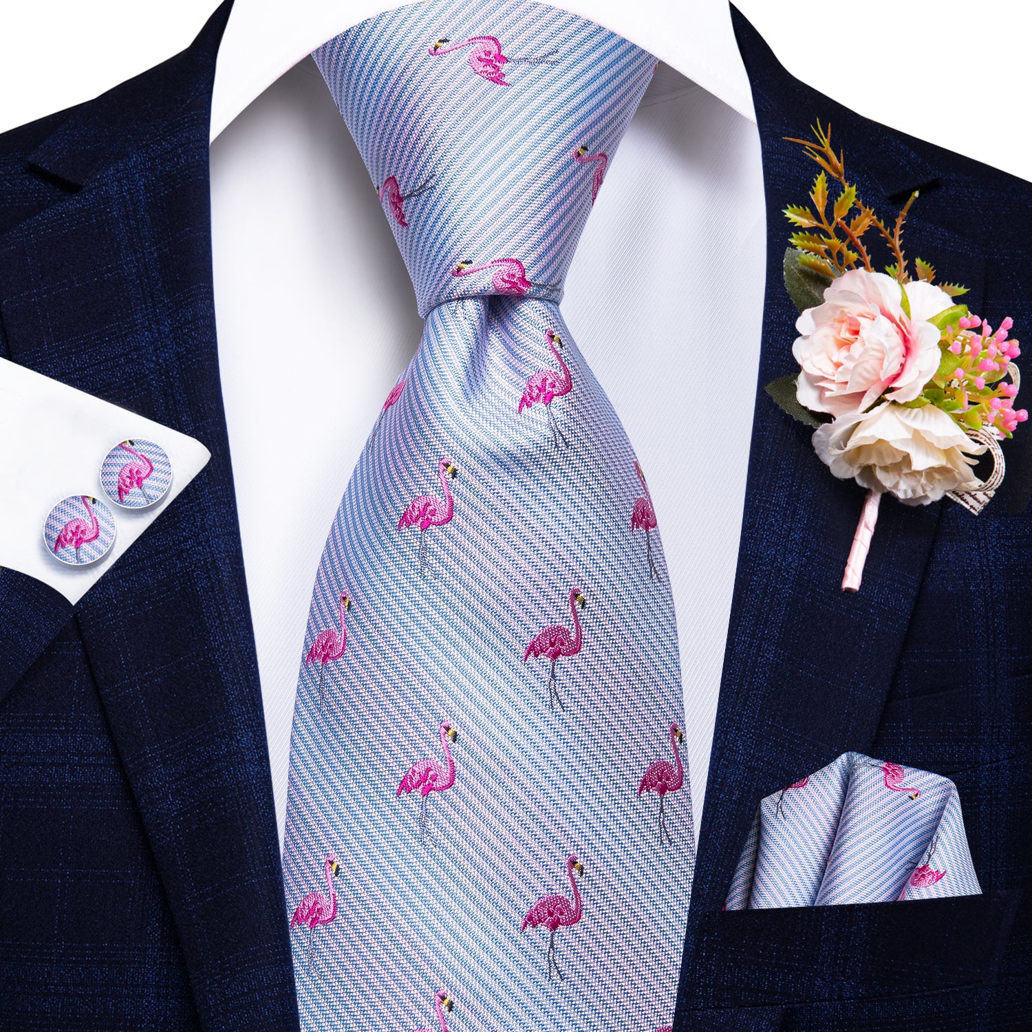 Pink Flamingo Tie Handkerchief Cufflinks Set with Wedding Brooch