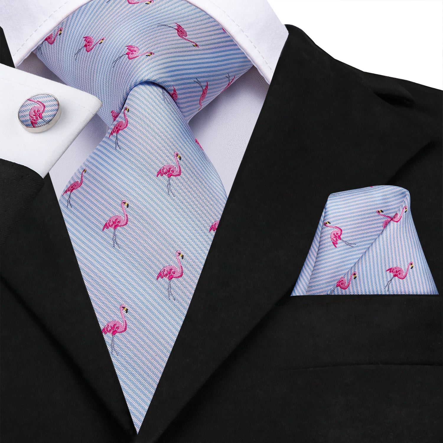 Hi-Tie Pale Blue Necktie Pink Flamingo Tie Pocket Square Cufflinks Set Hi-Tie Pale Blue Necktie Pink Flamingo Tie Pocket Square Cufflinks Set