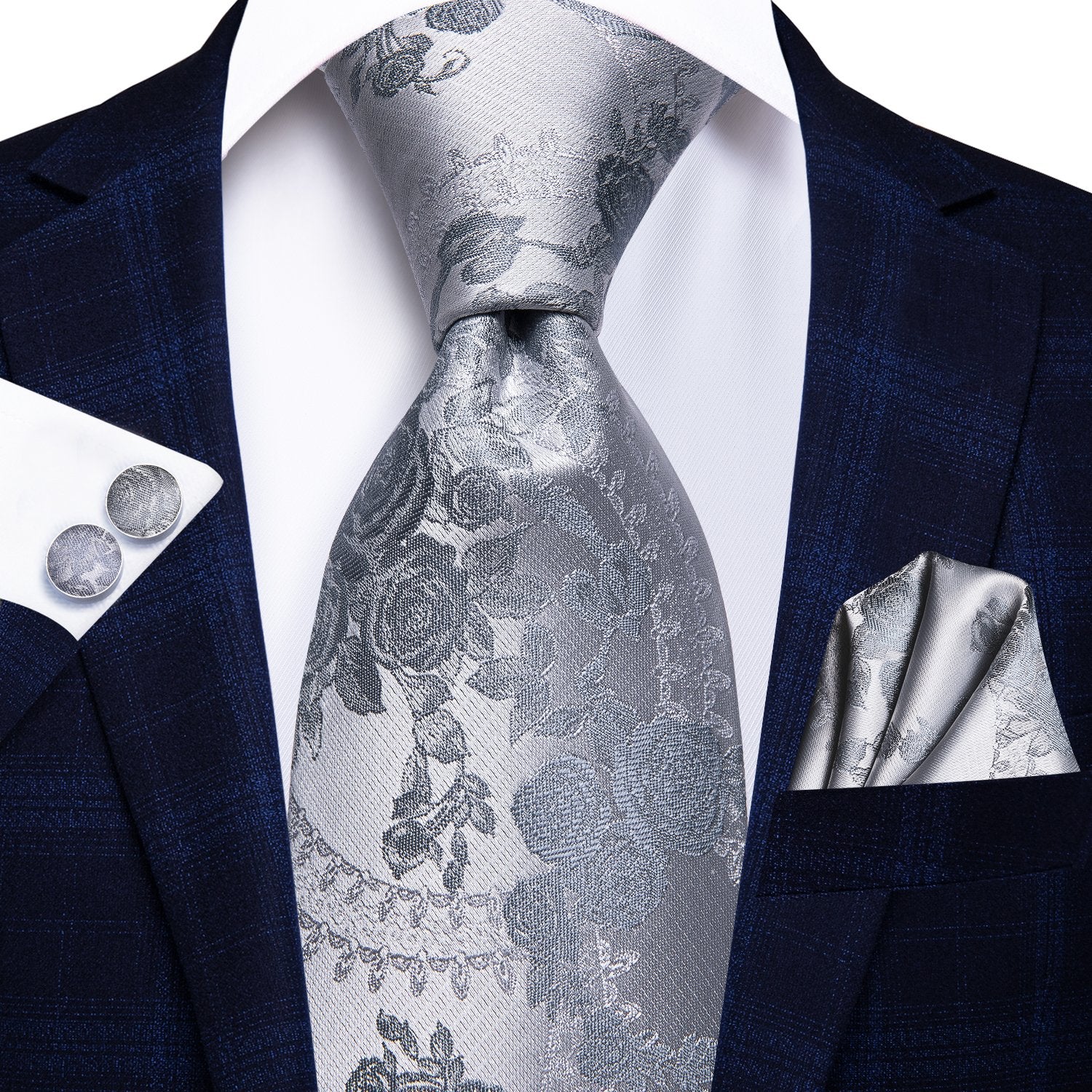 Hi-Tie Grey Roses Floral Tie Handkerchief Cufflinks Set with Wedding Brooch