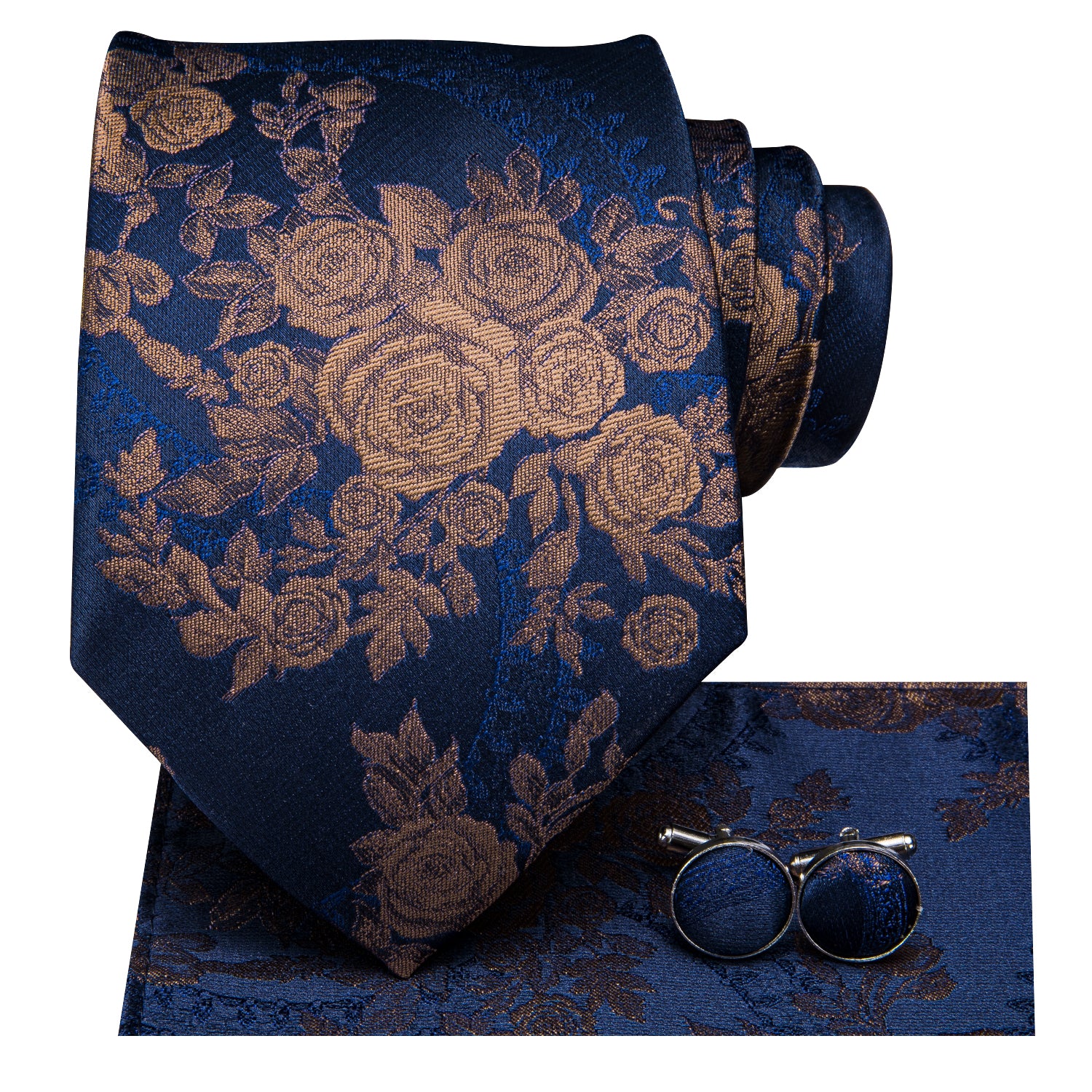 Hi-Tie DarkBlue Floral Tie with Brown Roses Pocket Square Cufflinks Set
