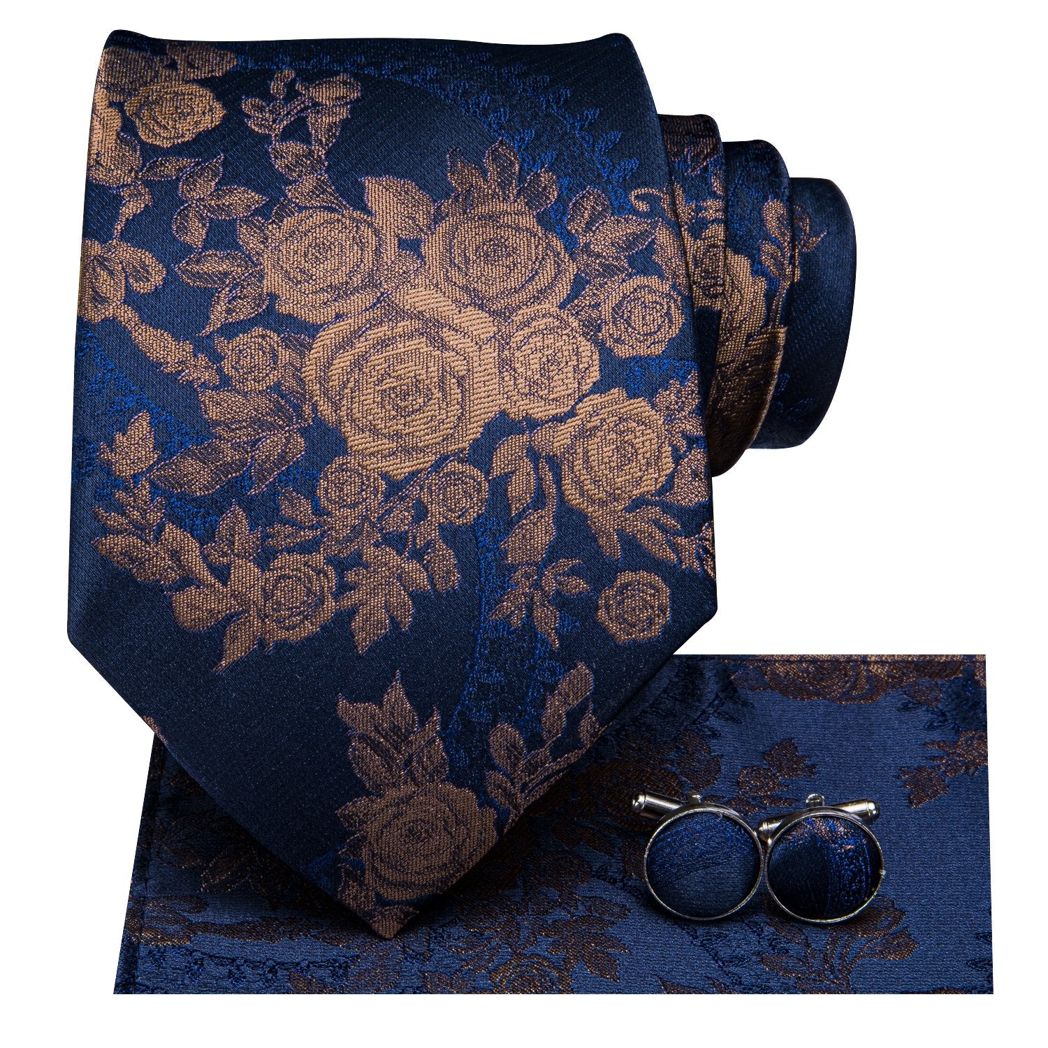 Hi-Tie DarkBlue Floral Tie with Brown Roses Pocket Square Cufflinks Set and Collar Pin