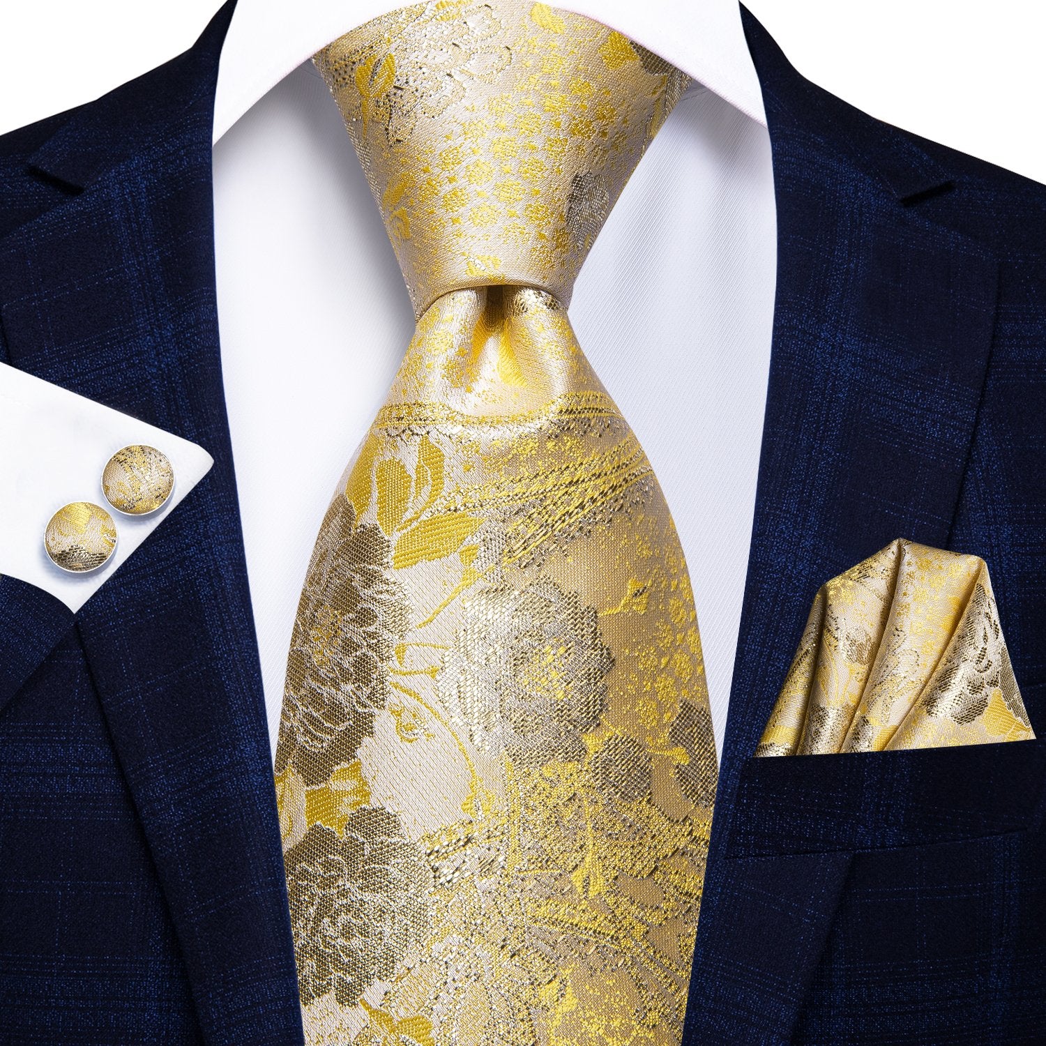 Light Yellow Gold Floral Tie Handkerchief Cufflinks Set with Wedding Brooch
