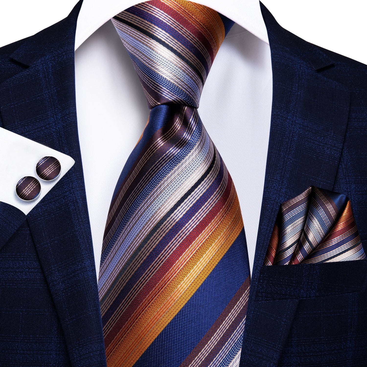 Orange Blue Stripe Tie Handkerchief Cufflinks Set with Wedding Brooch