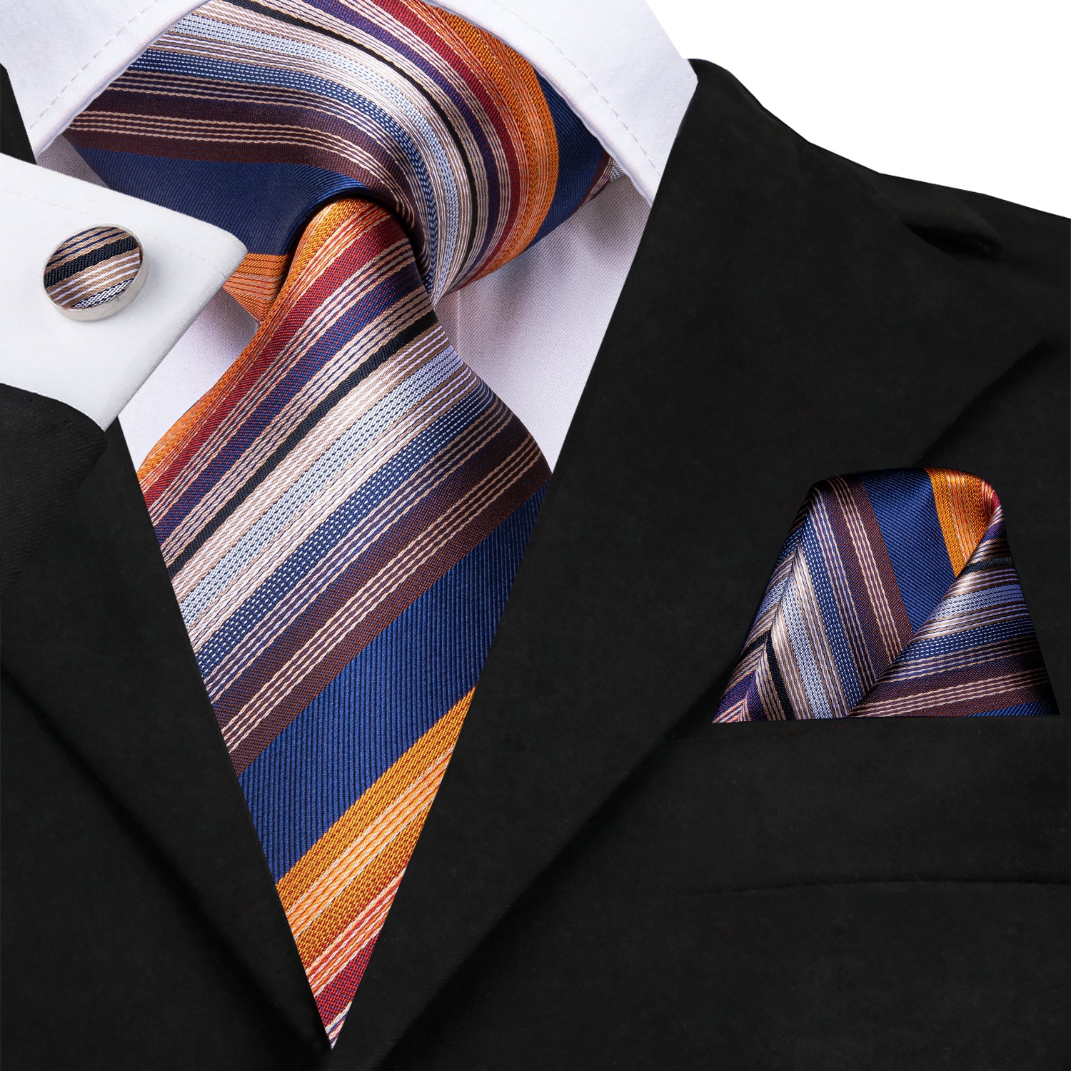 Orange Necktie Blue Striped Men Tie Pocket Square Cufflinks Set