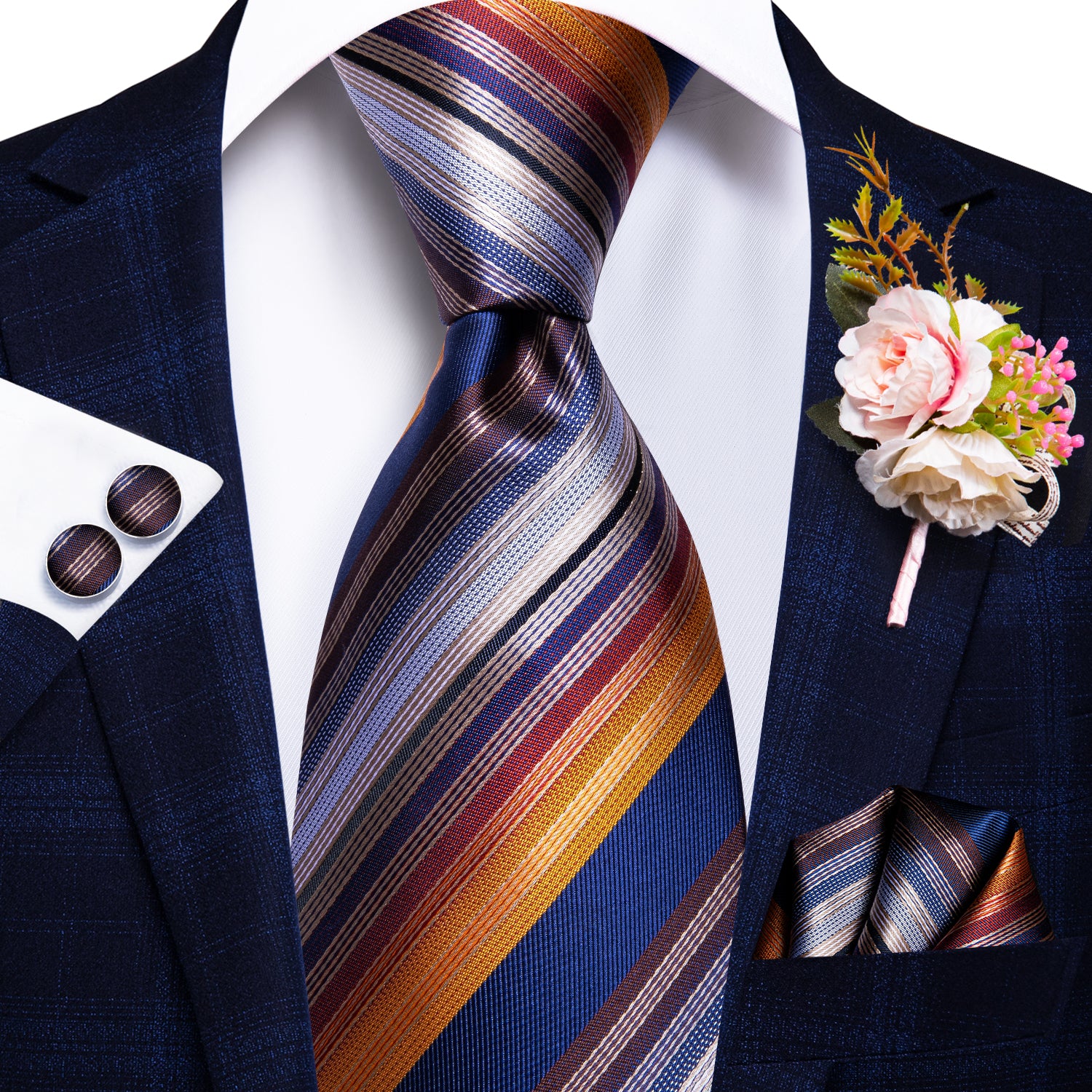 Orange Blue Stripe Tie Handkerchief Cufflinks Set with Wedding Brooch