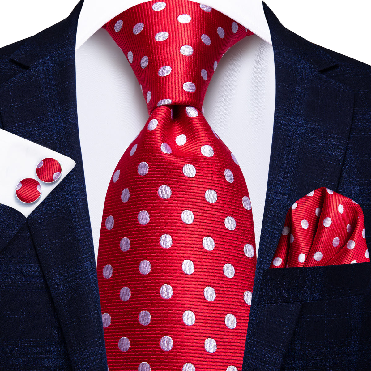 Red Rosette and Blue Polka Dot tie with pearl necklace and accents. Navy Blue and Blush Pink Polka Dot Necktie | Shop at TieMart  main image 3
