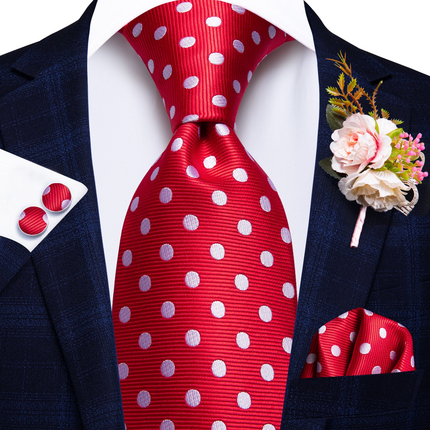 Red White Polka Dot Tie Handkerchief Cufflinks Set with Wedding Brooch