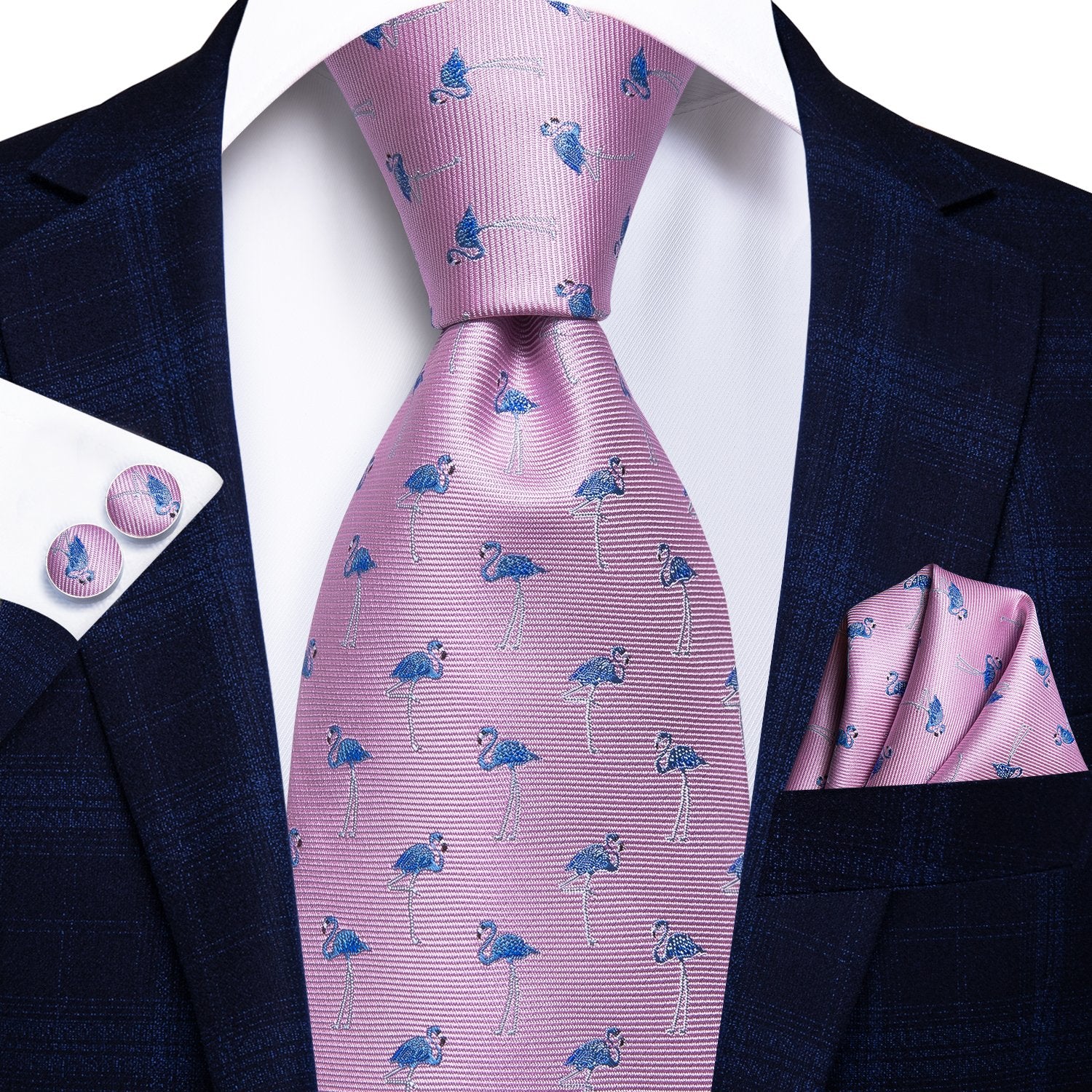 Blue Flamingo Pink Tie Handkerchief Cufflinks Set with Wedding Brooch