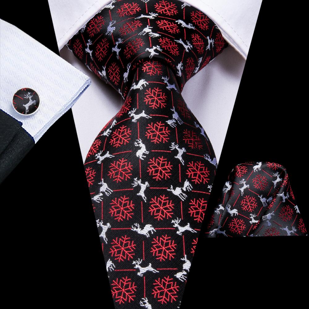 Black Snow Flake Silk Necktie Pocket Square Cufflinks Gift Box Set