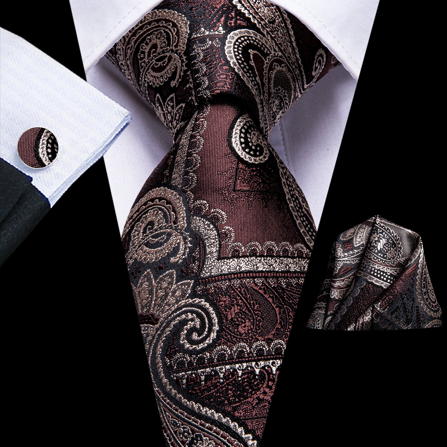 Rosy Brown Necktie Beige Paisley Men's Tie Hanky Cufflinks Set
