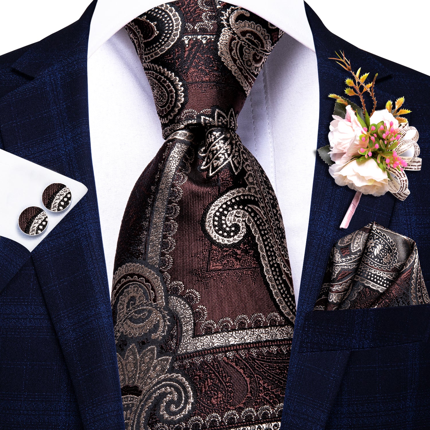 Red-brown Silver Paisley Tie Handkerchief Cufflinks Set with Wedding Brooch
