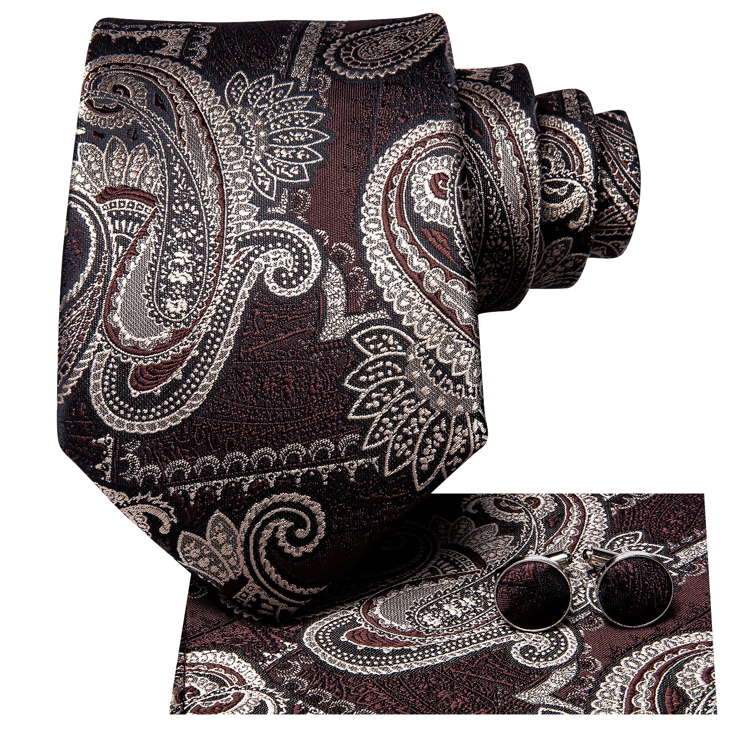 Red-brown Silver Paisley Tie Pocket Square Cufflinks Set