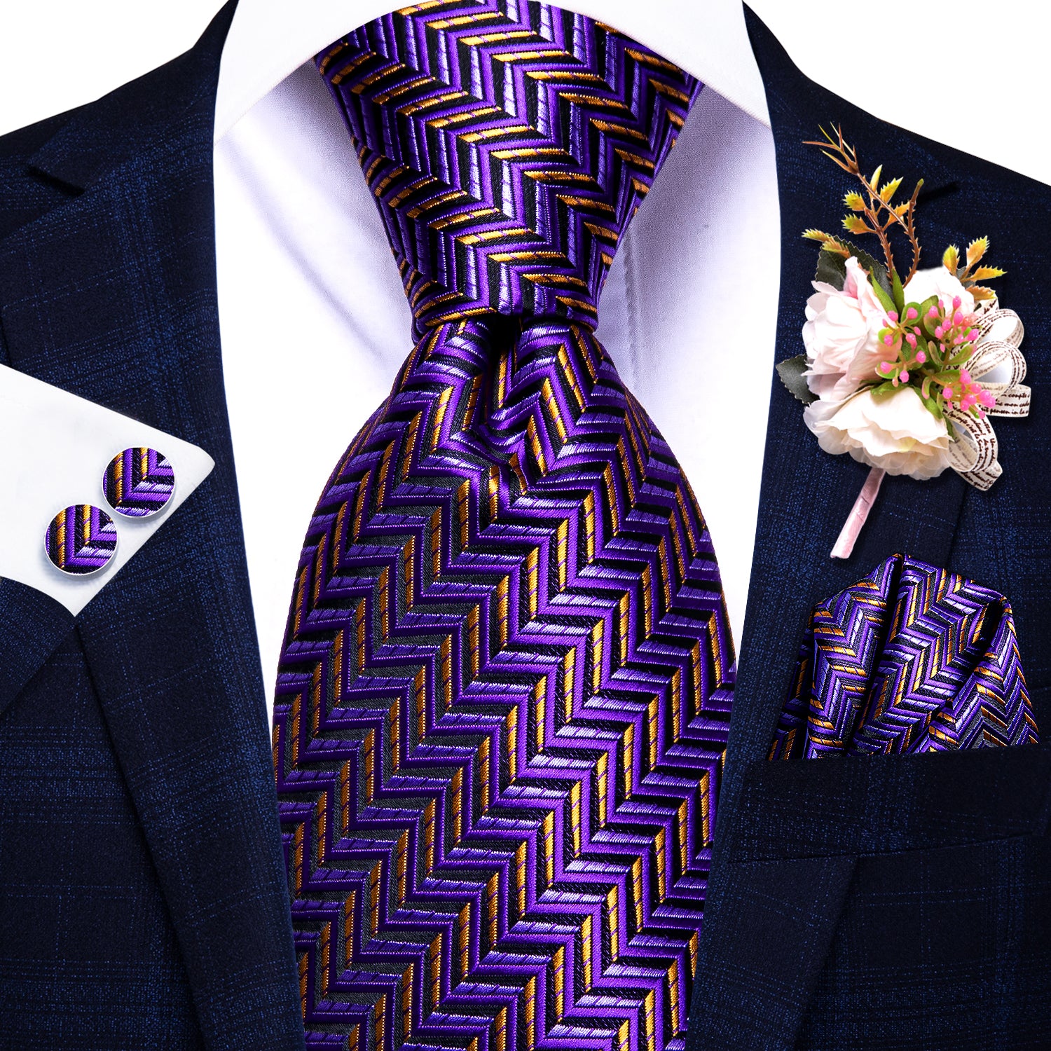 Purple Golden Striped Tie Handkerchief Cufflinks Set with Wedding Brooch