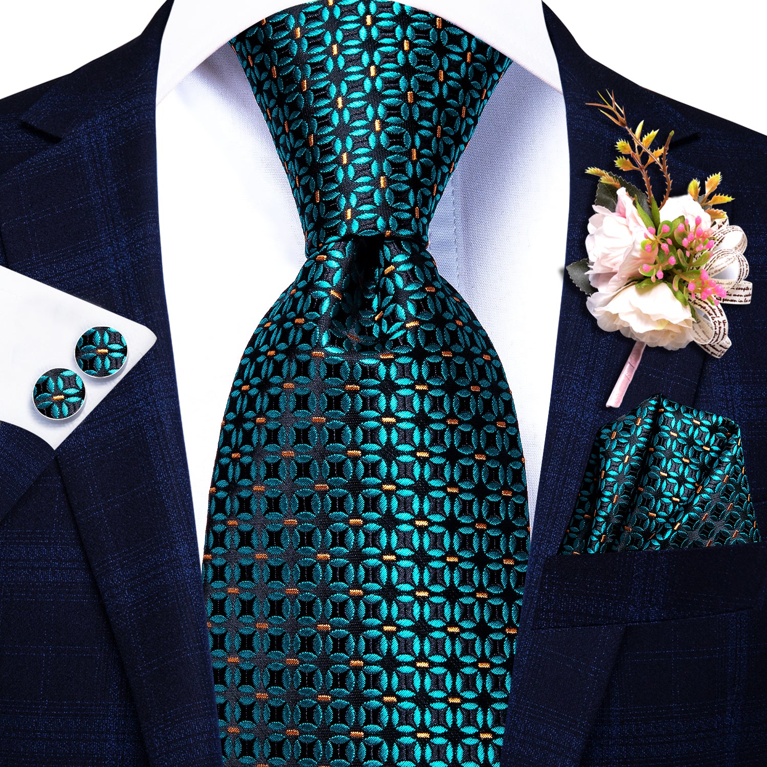 Turquoise Polka Dot Tie Handkerchief Cufflinks Set with Wedding Brooch