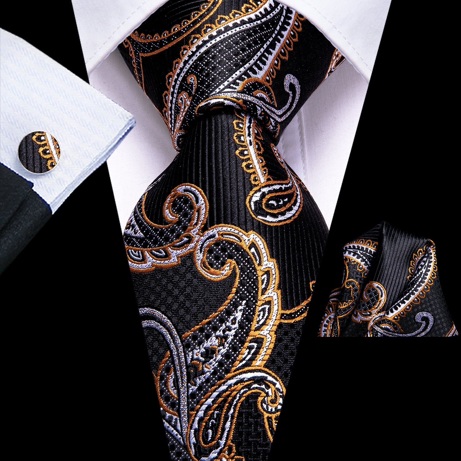 Black Goldenrod Paisley Tie Pocket Square Cufflinks Set