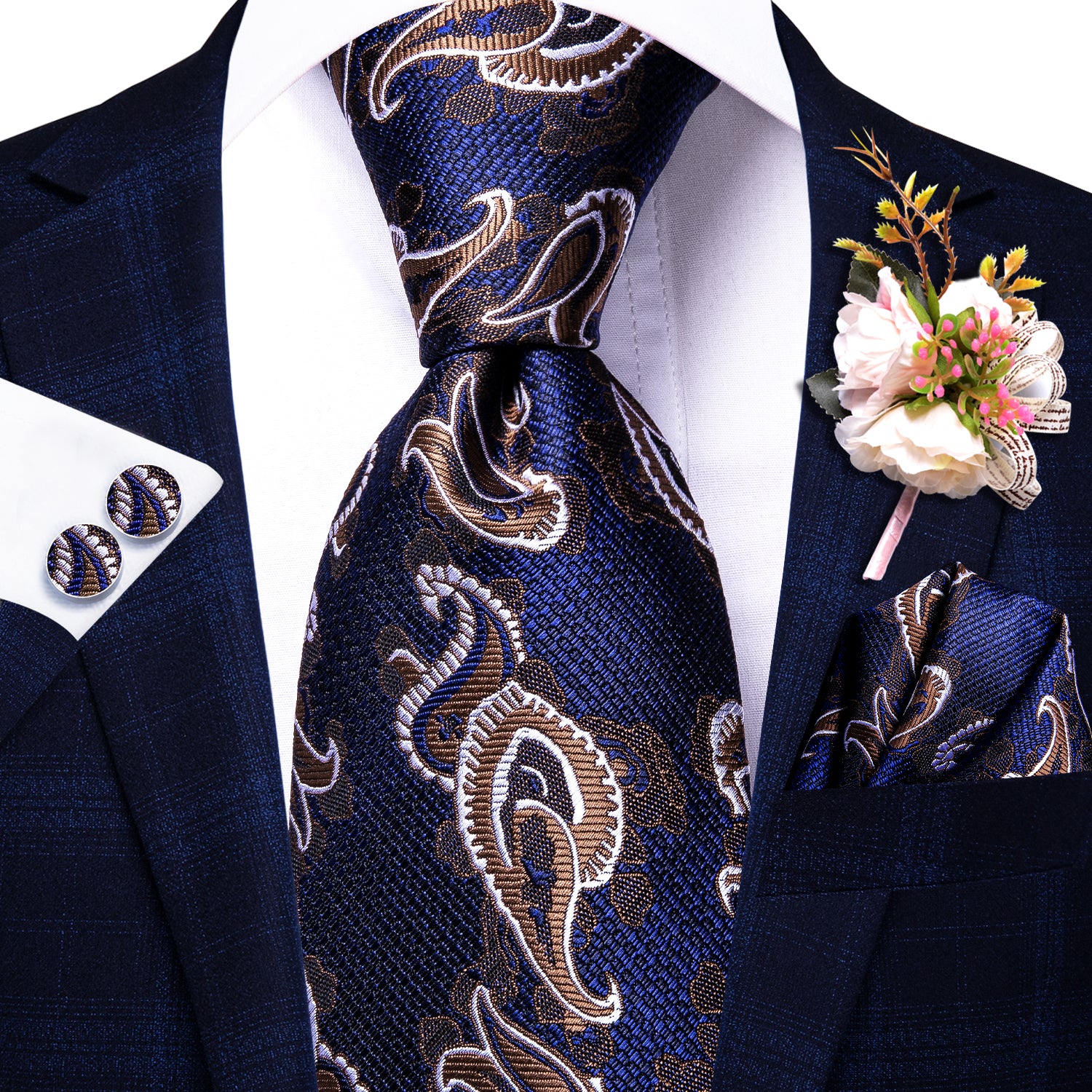 Blue Brown Paisley Tie Handkerchief Cufflinks Set with Wedding Brooch