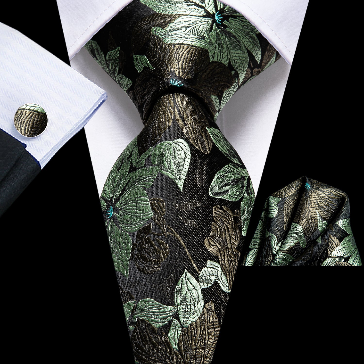 Hi-Tie Necktie Black Green Floral Men Tie Pocket Square Cufflinks Set Hi-Tie Necktie Black Green Floral Men Tie Pocket Square Cufflinks Set
