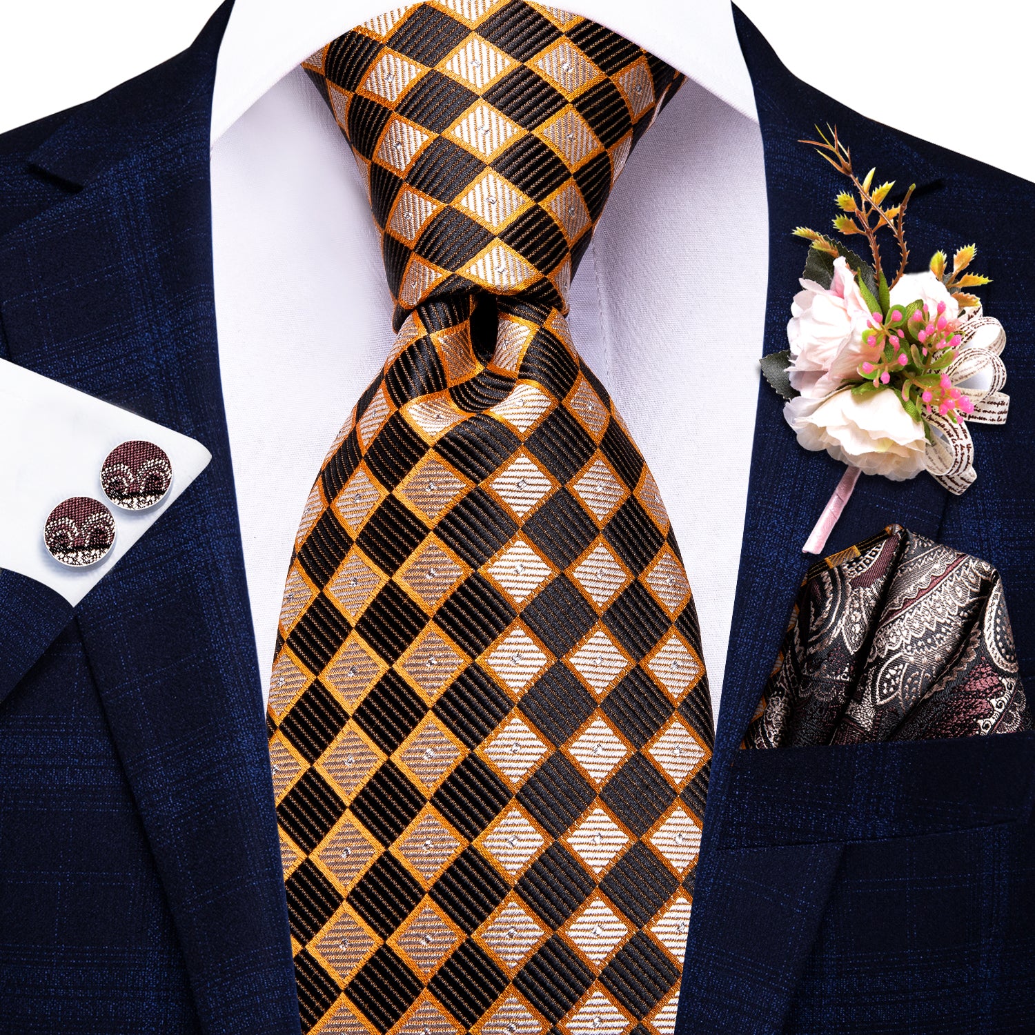 Yellow Brown Plaid Tie Pocket Square Cufflinks Set with Wedding Brooch