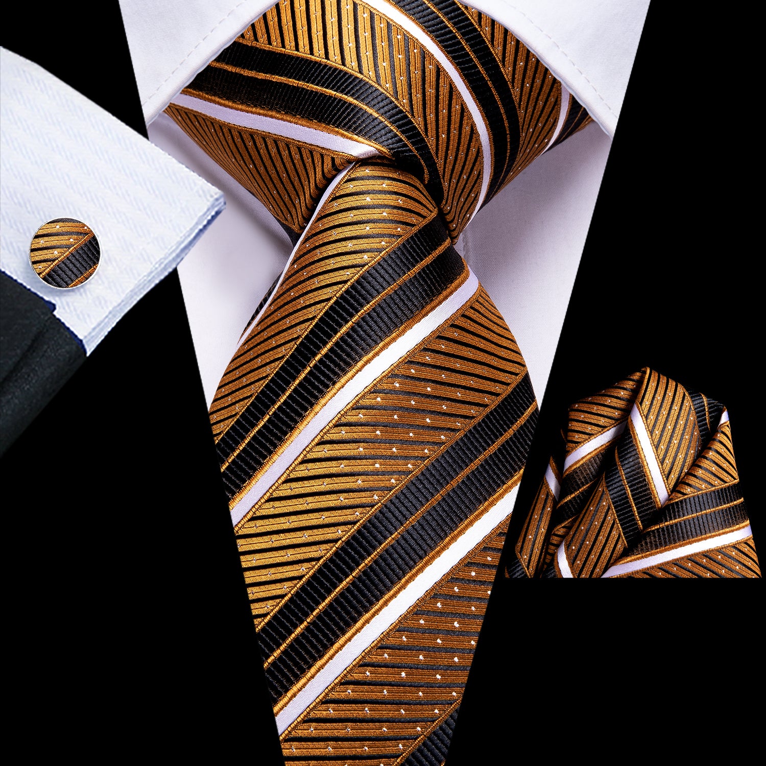 Golden Black Striped Tie Pocket Square Cufflinks Set