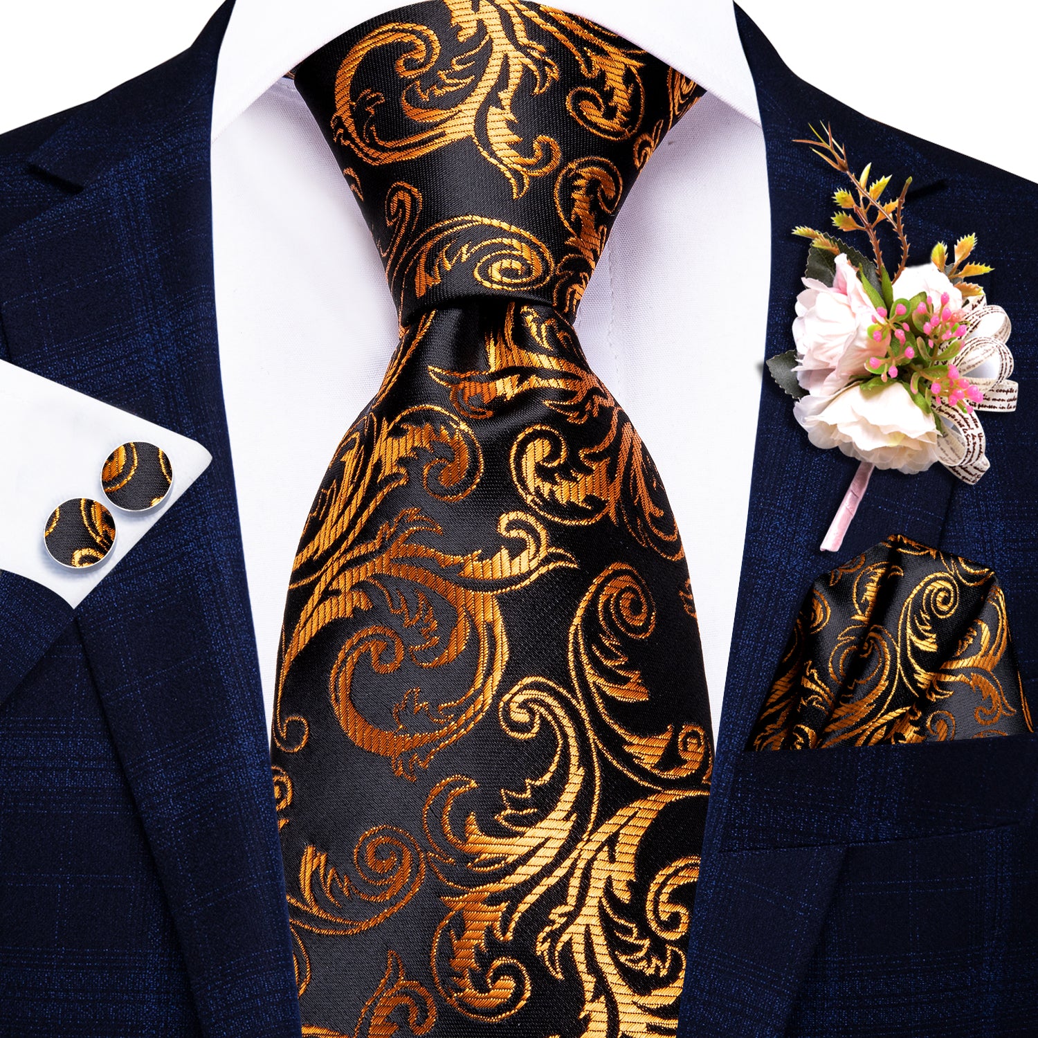 Black Golden Paisley Tie Handkerchief Cufflinks Set with Wedding Brooch