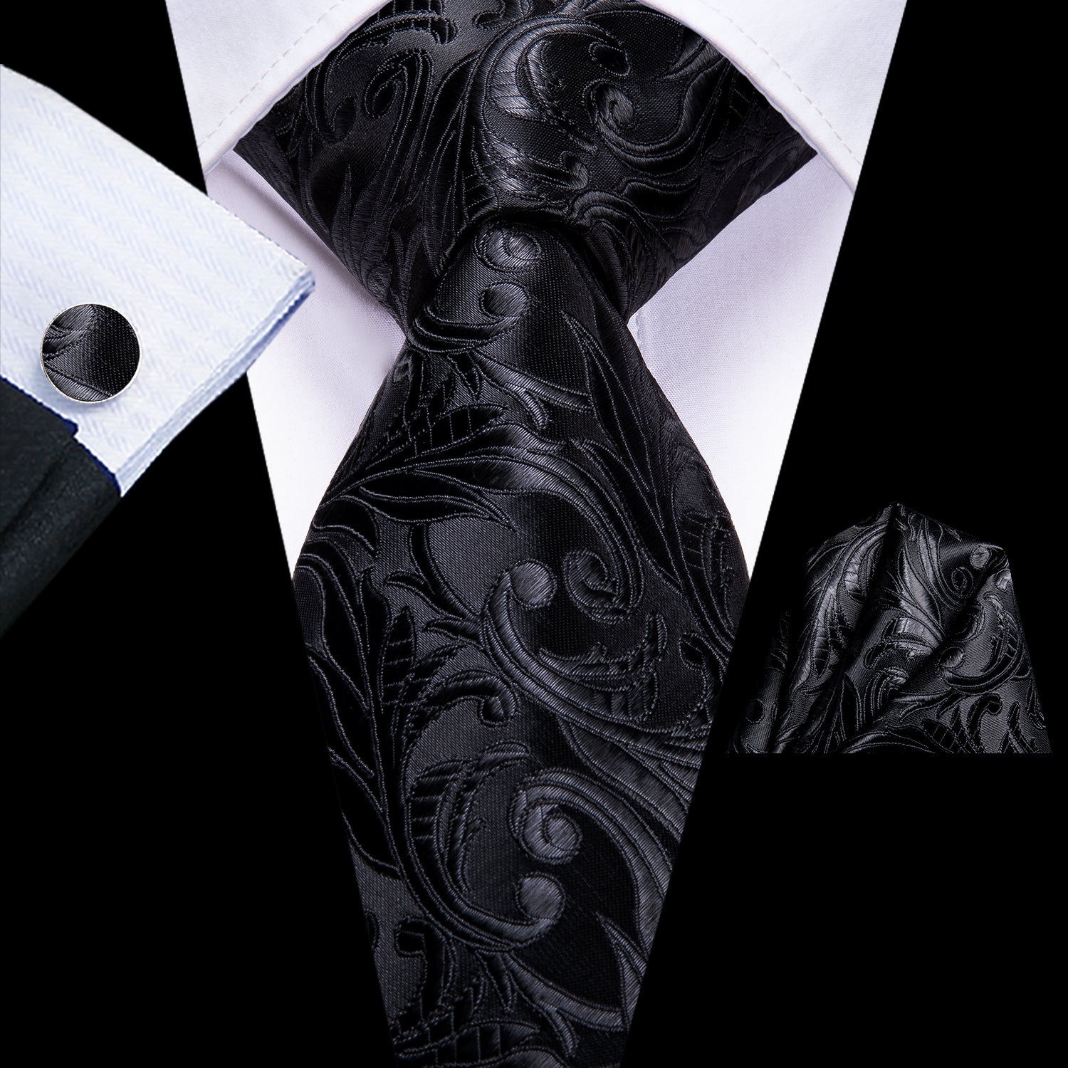 Men's Black Wedding Floral Necktie Pocket Square Cufflinks Set