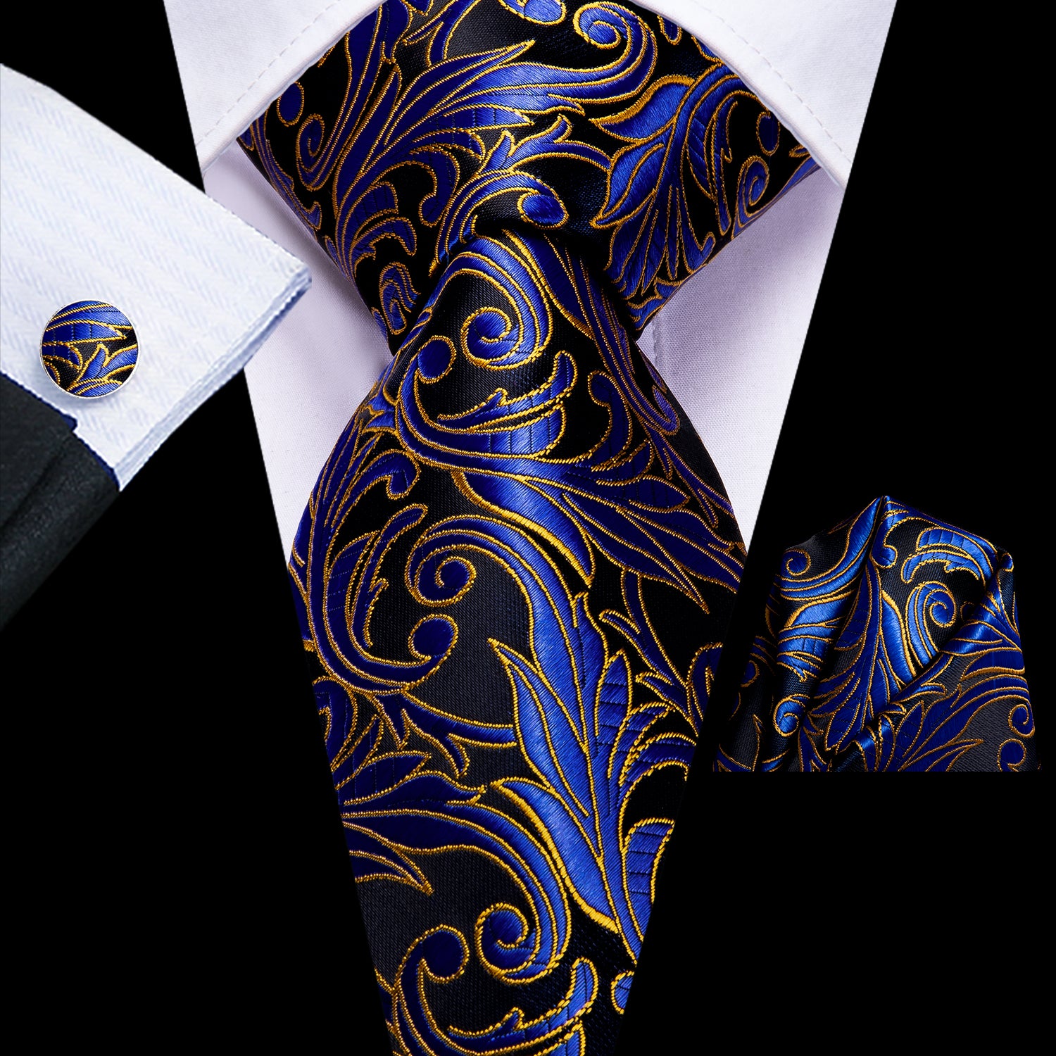 Black Blue Yellow Floral Tie Pocket Square Cufflinks Set