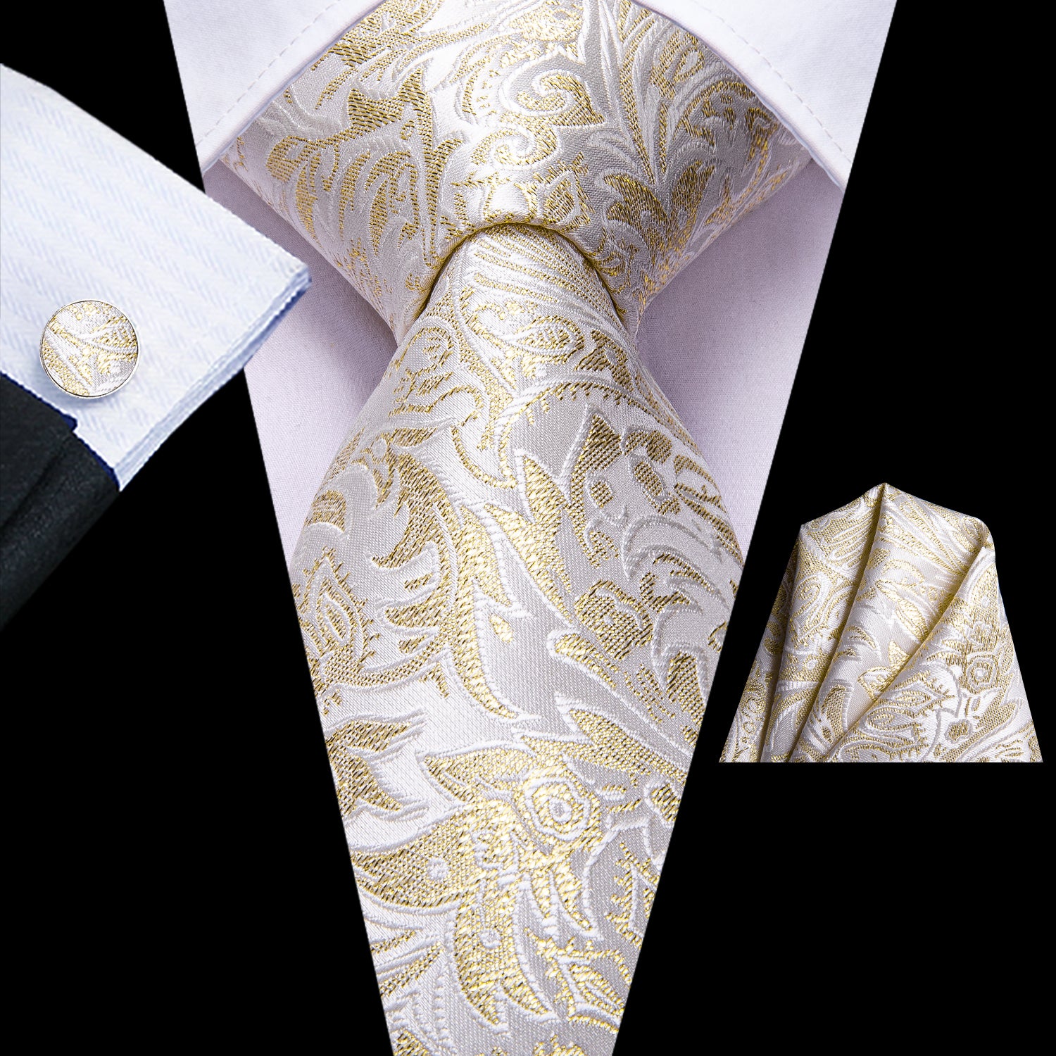 Champagne White Floral Mens Necktie Pocket Square Cufflinks Set