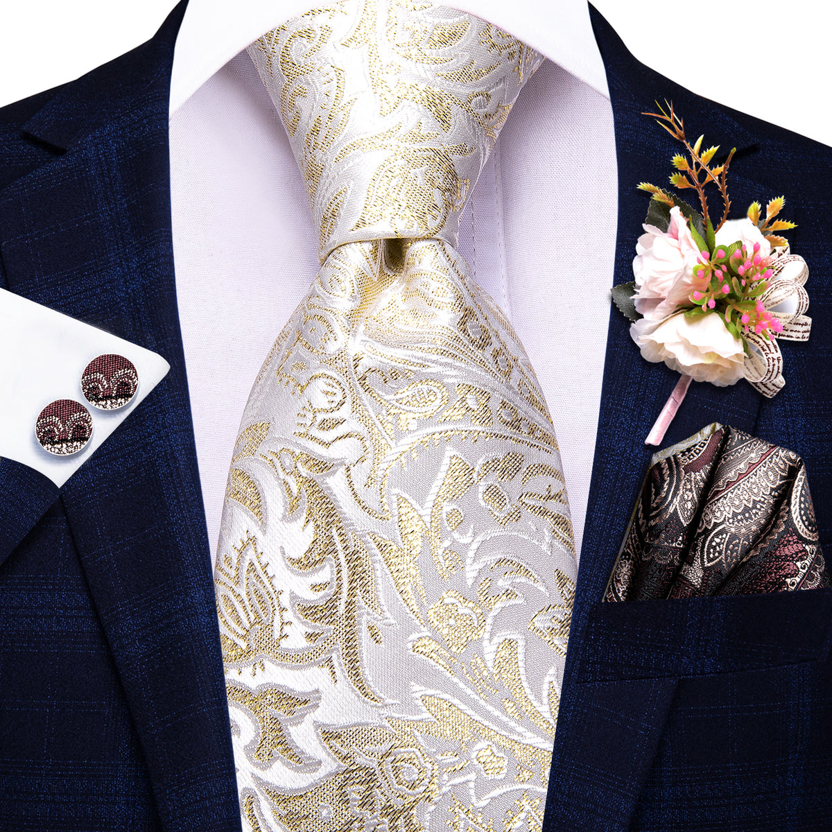 Floral White and Yellow Brooch Set White Yellow Floral Tie Pocket Square Cufflinks Set with  main image 3
