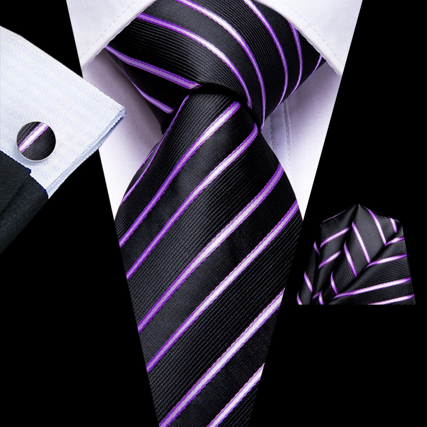 Black Pink Striped Tie Pocket Square Cufflinks Set for Men