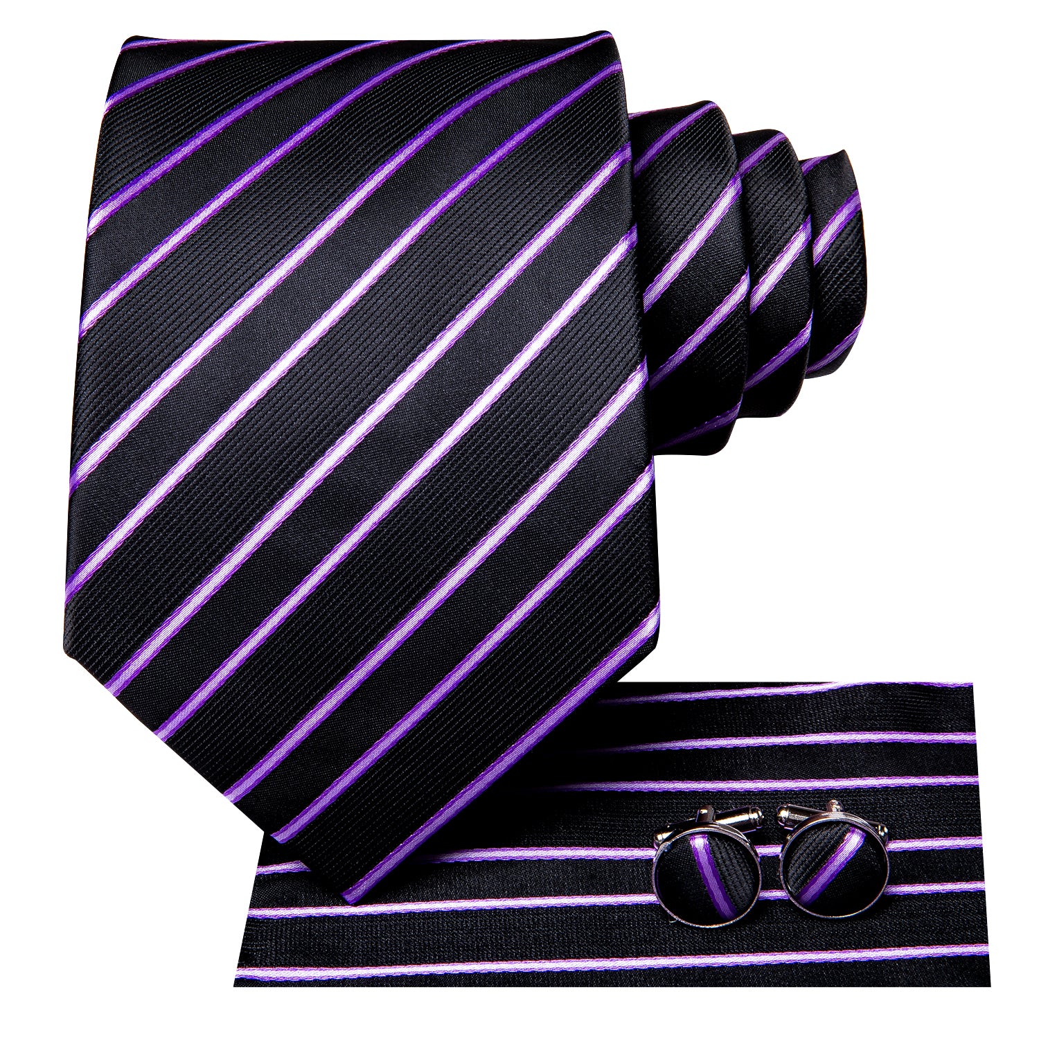 Black Pink Striped Tie Pocket Square Cufflinks Set for Men