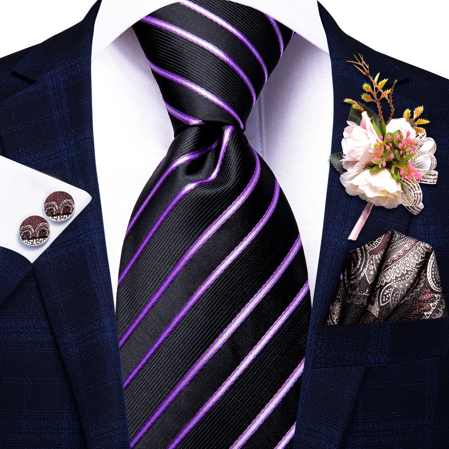 Black Pink Striped Tie Pocket Square Cufflinks Set with Wedding Brooch