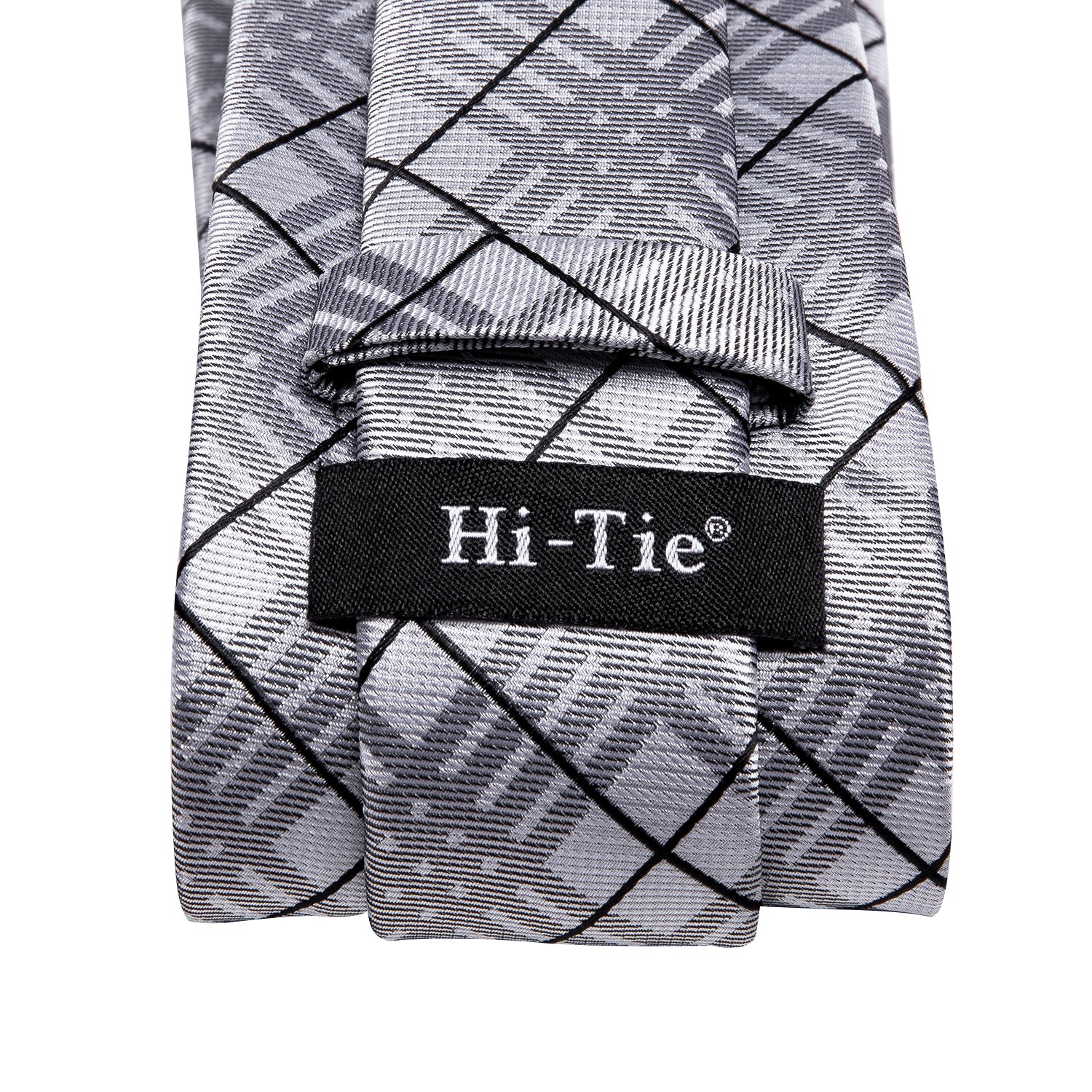 Mens Light Grey Tie Black Plaid Tie Pocket Square Cufflinks Set