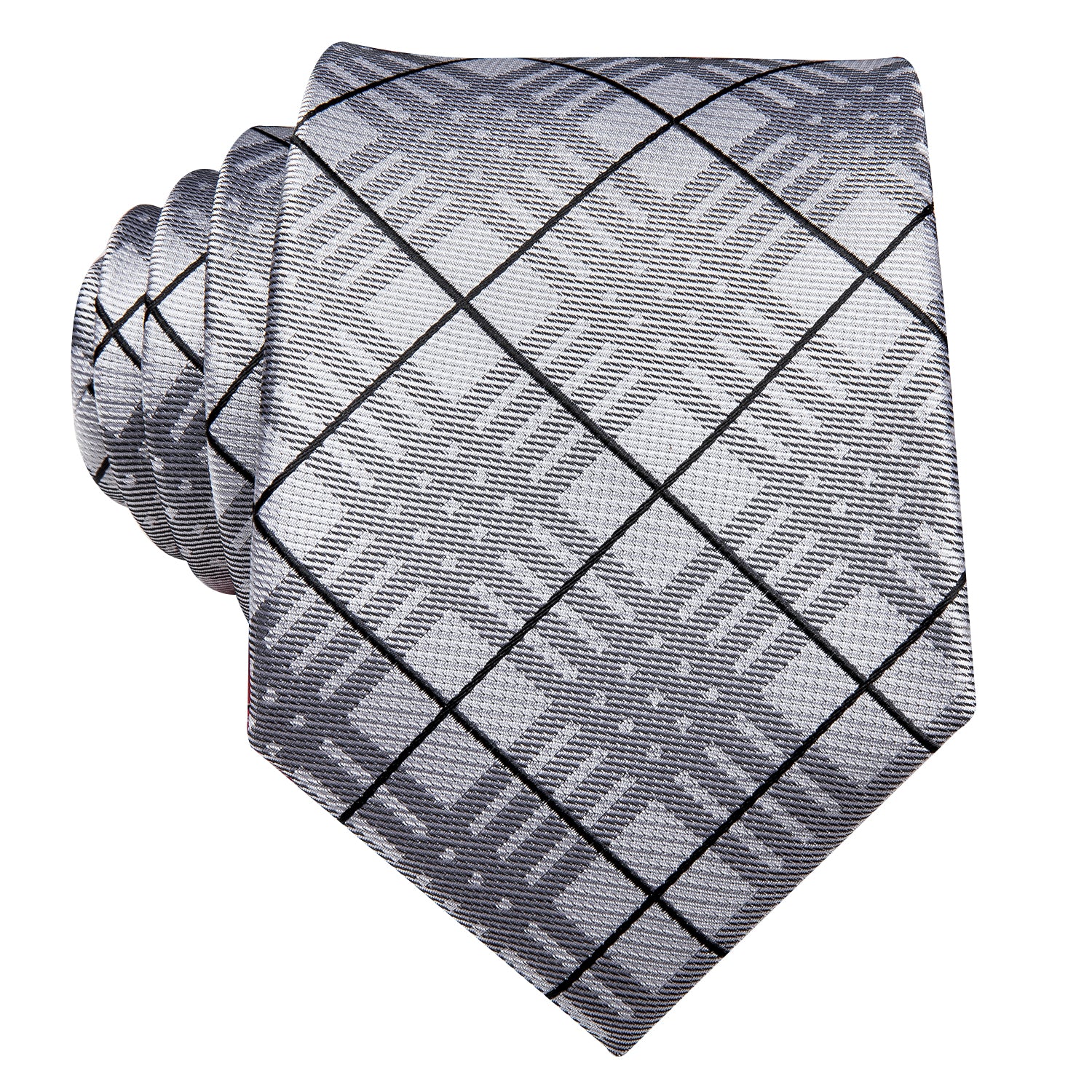 Mens Light Grey Tie Black Plaid Tie Pocket Square Cufflinks Set