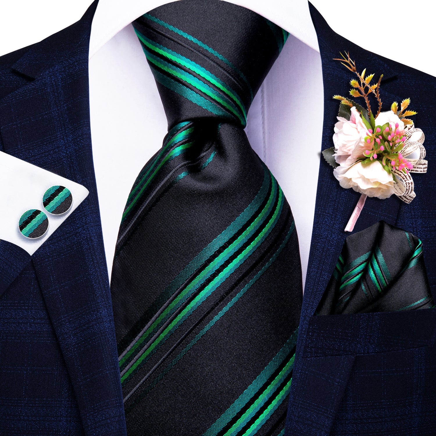 Black Green Striped Tie Handkerchief Cufflinks Set with Wedding Brooch